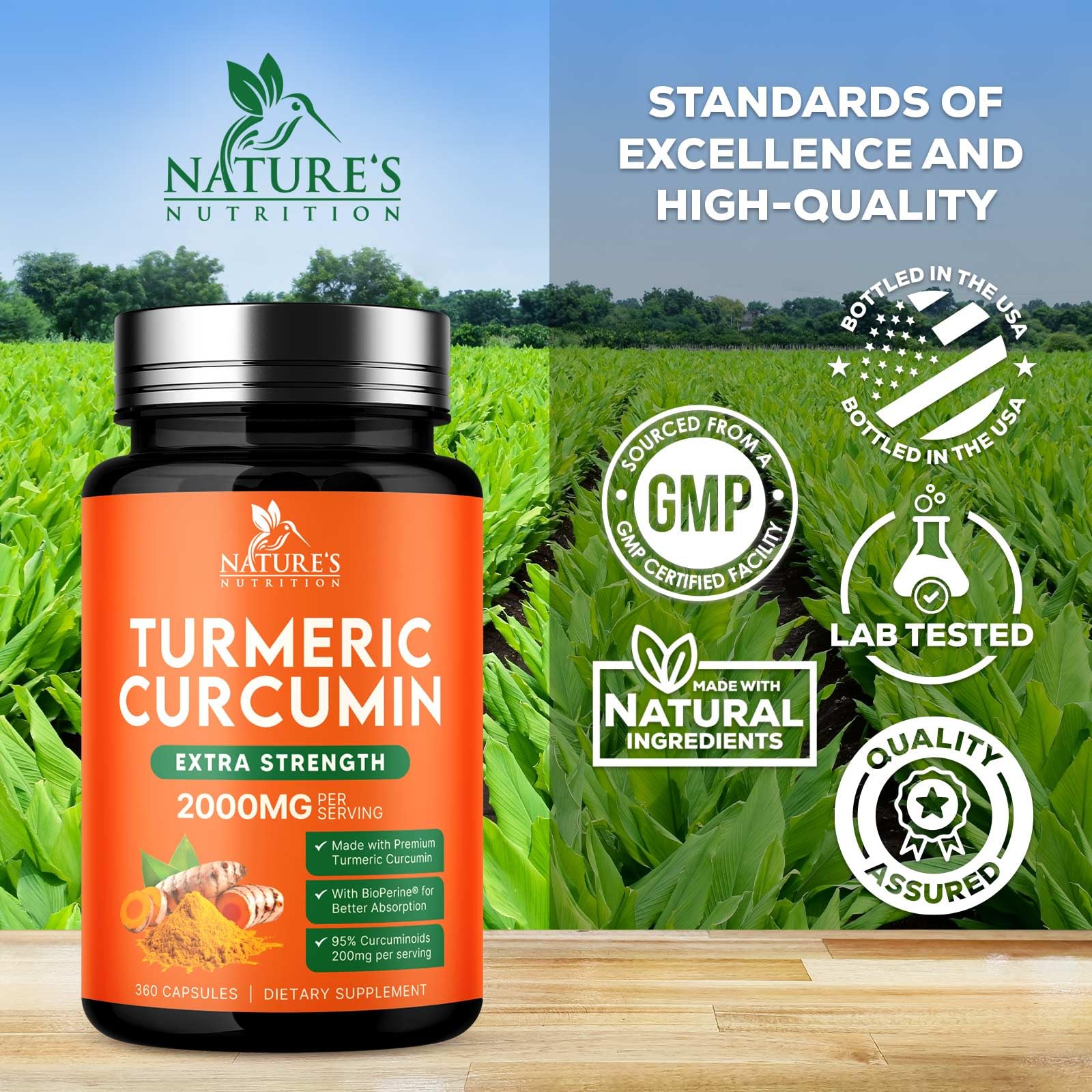 Nature's Nutrition Turmeric Curcumin, bioperina y pimienta negra para mejor absorción.
