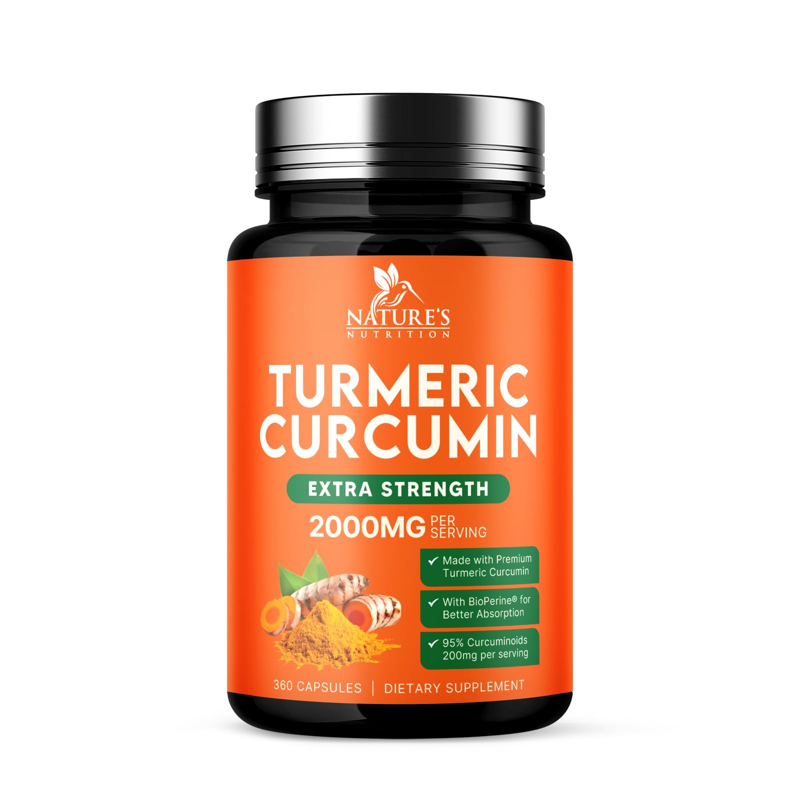 Nature's Nutrition Turmeric Curcumin, botella de 360 cápsulas para uso diario.