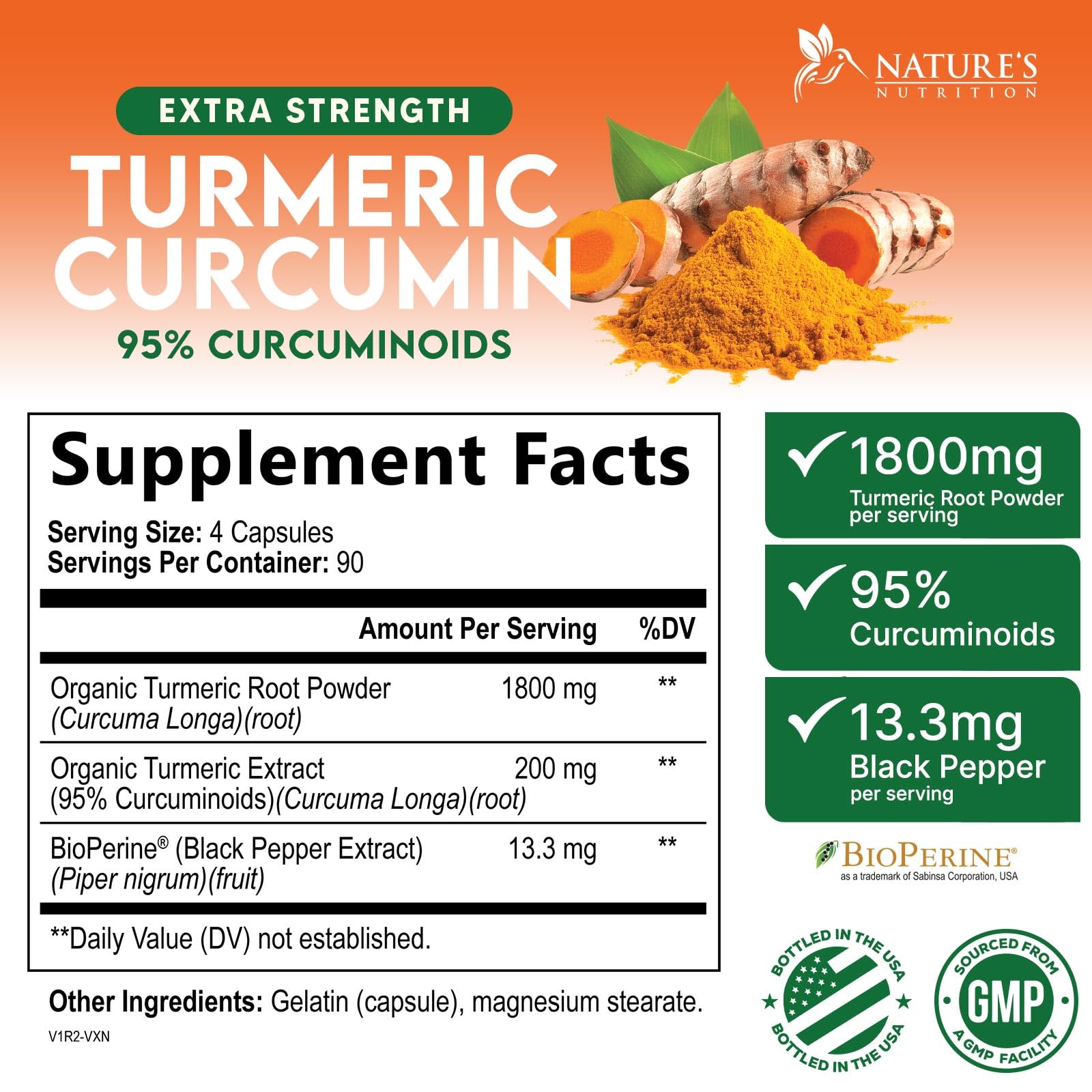Nature's Nutrition Turmeric Curcumin, polvo de cúrcuma orgánica para consumo diario.