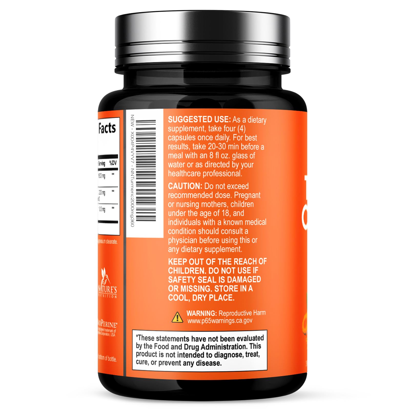 Nature's Nutrition Turmeric Curcumin, foco en soporte diario de articulaciones.