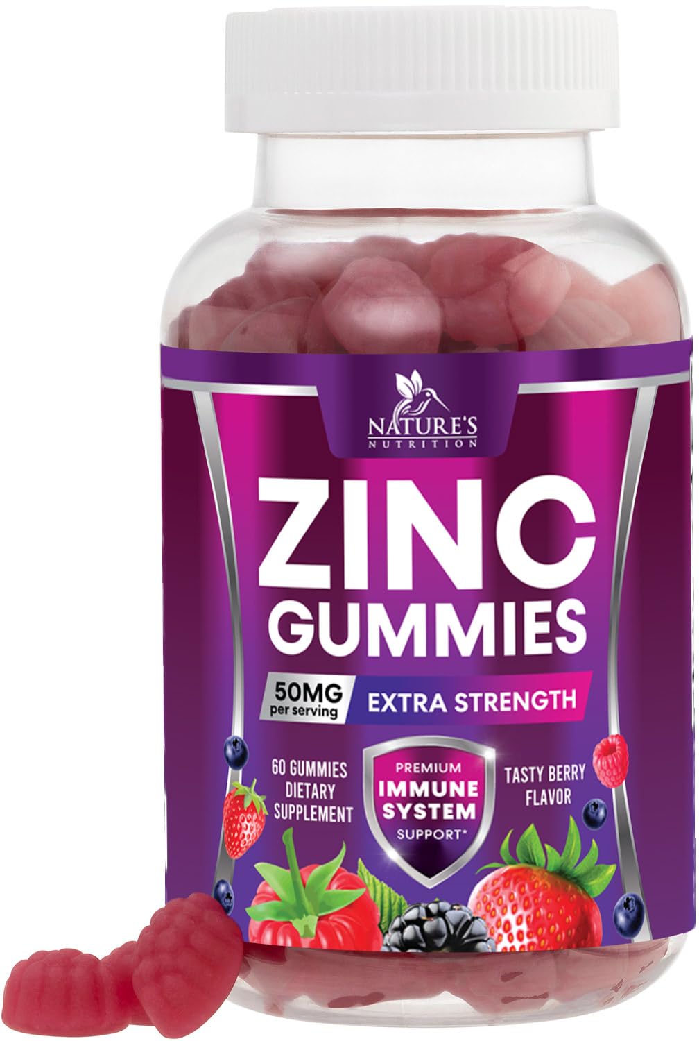 Nature's Nutrition Zinc 50mg Gummies, botella, apoyo diario al sistema inmunitario y piel saludable.