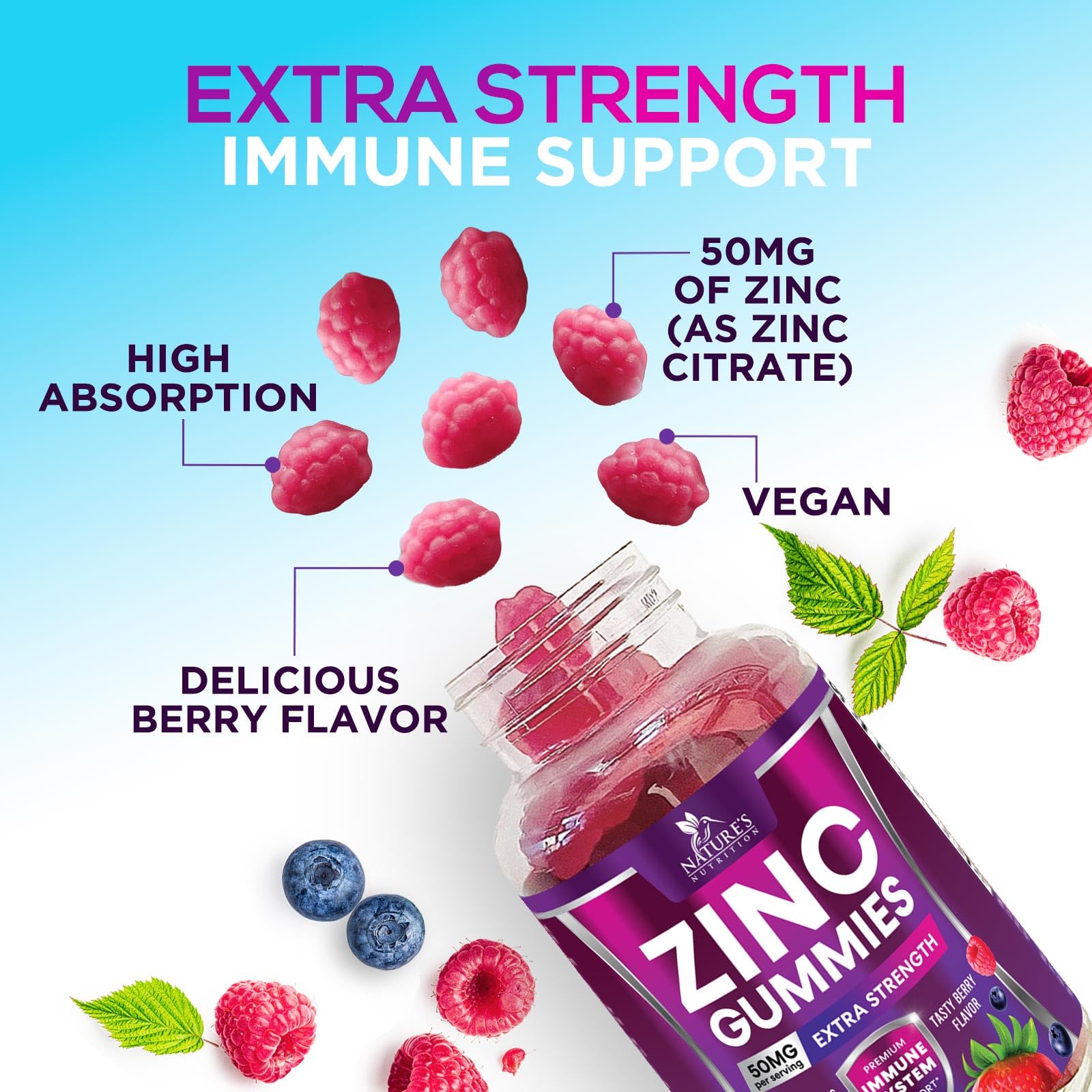 Nature's Nutrition Zinc 50mg Gummies, etiqueta clara que facilita la identificación de la dosis.