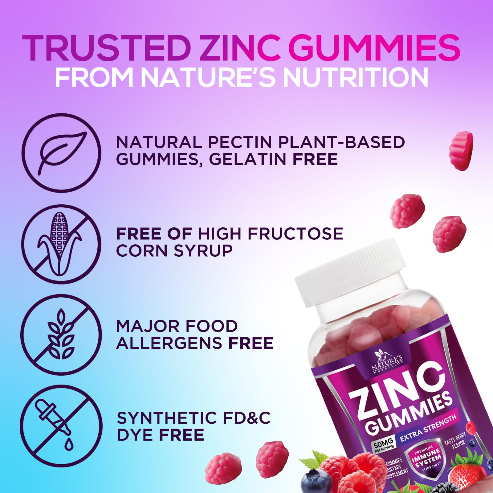 Nature's Nutrition Zinc 50mg Gummies, fórmula vegana para una opción de sabor saludable.