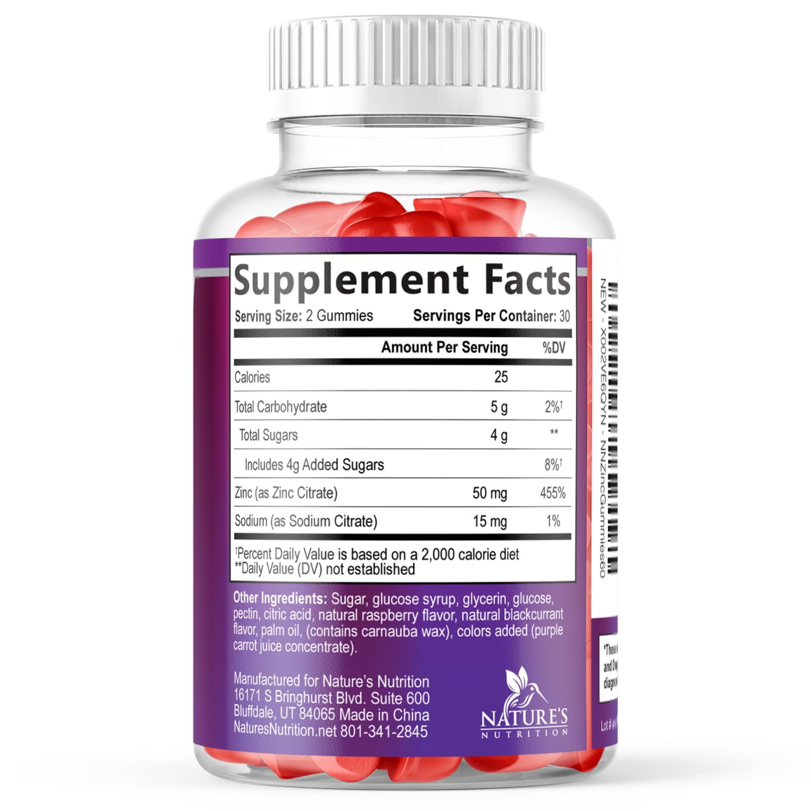 Nature's Nutrition Zinc 50mg Gummies, sabor bayas ideal para rutinas diarias.