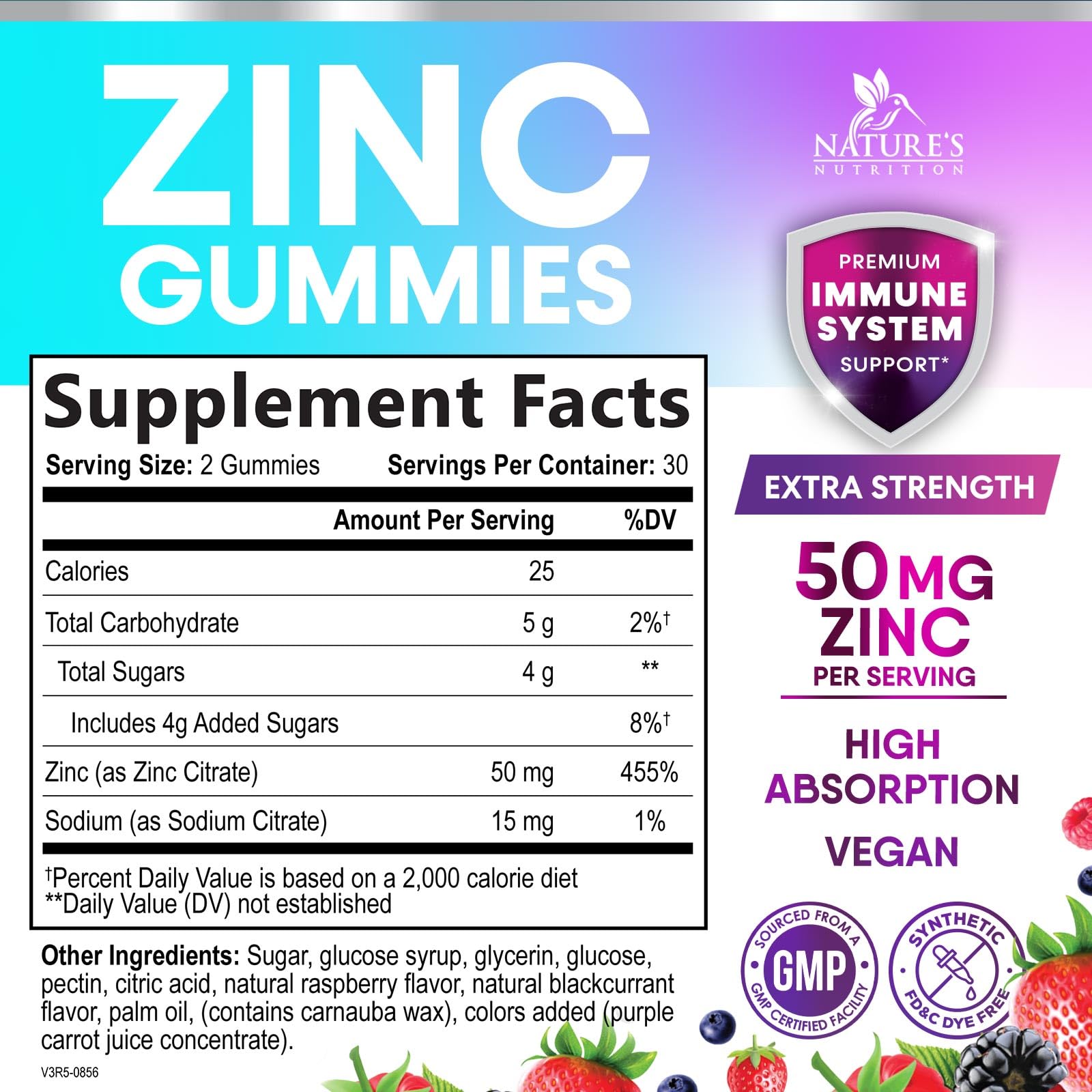 Nature's Nutrition Zinc 50mg Gummies, textura suave para masticar con sabor a bayas.