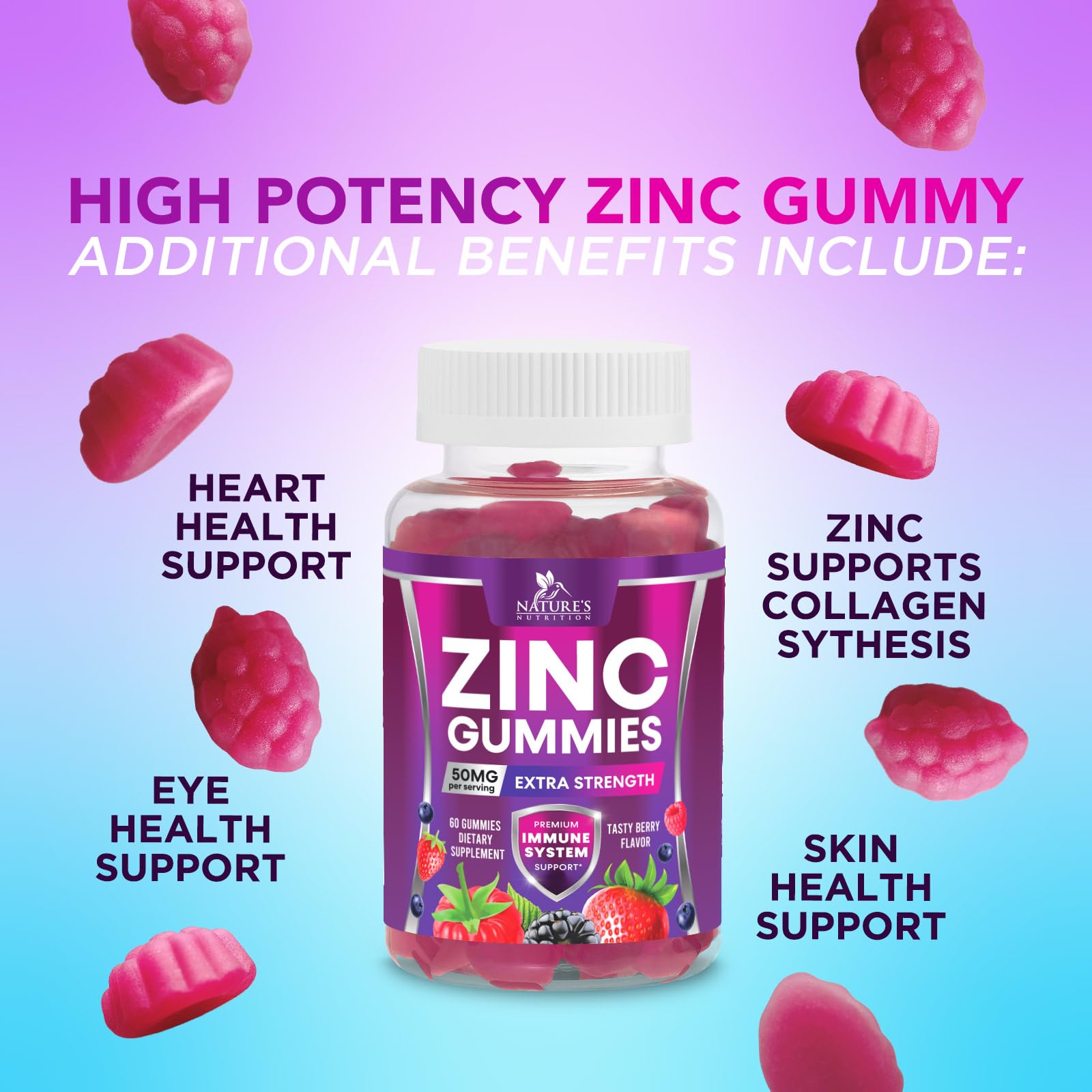 Nature's Nutrition Zinc 50mg Gummies, uso diario práctico para adultos.