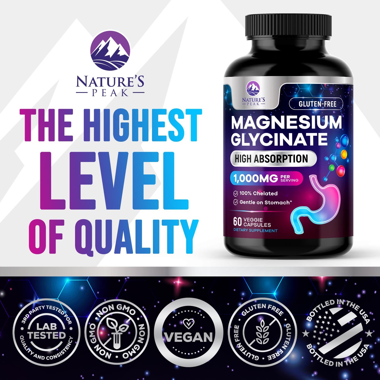 Nature's Peak Magnesio Glicinato: soporte para nervios y función normal.