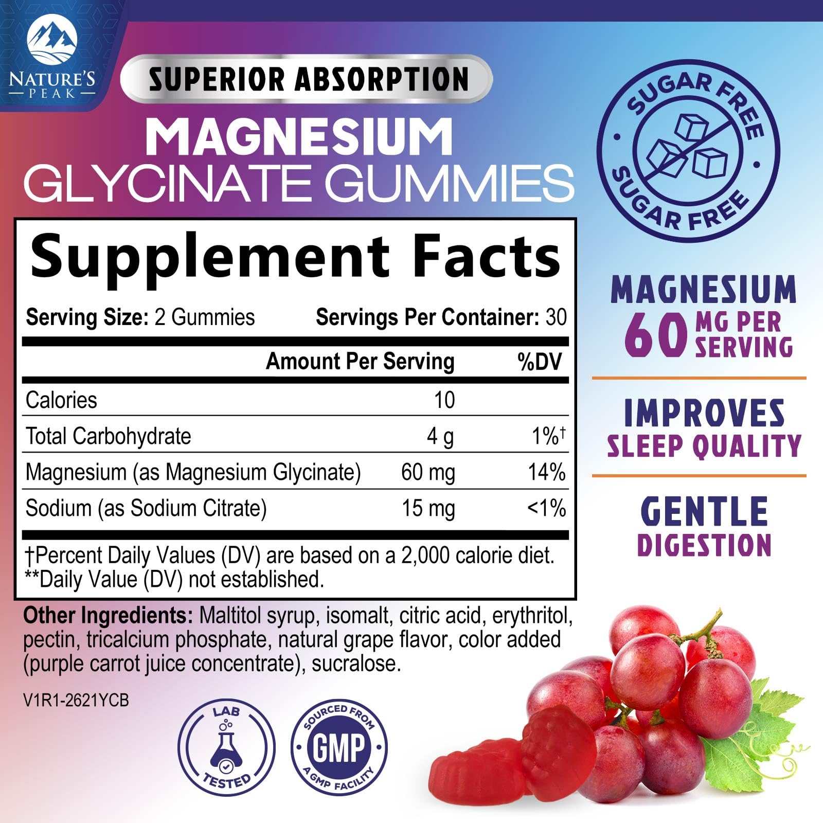Nature's Peak botella gomitas magnesio glicinato, etiqueta clara para elegir dosis y uso diario.