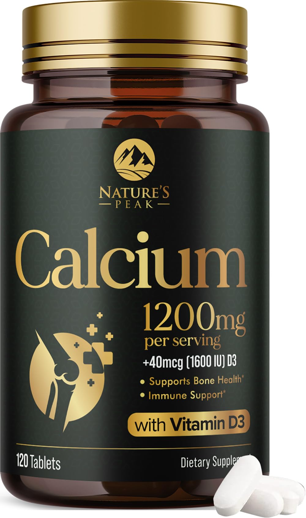 Nature's Peak Calcio 1200 botella frontal, apoyo diario para huesos y dientes.