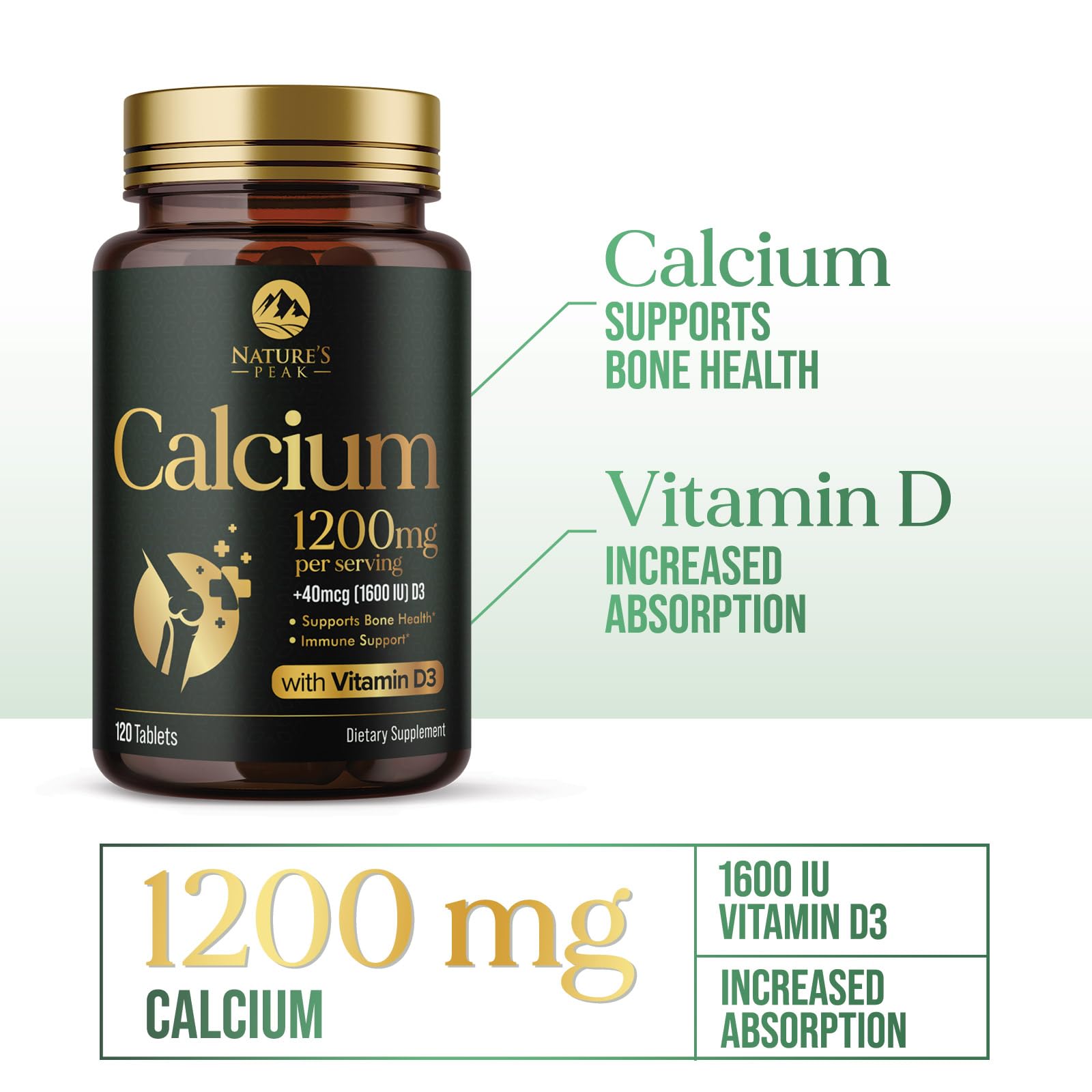 Nature's Peak Calcio 1200 etiqueta nutricional clara para apoyar huesos.