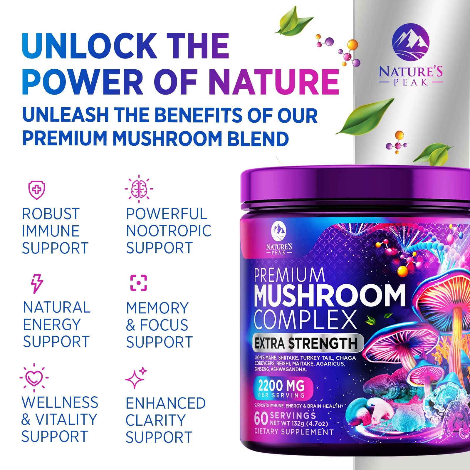 Nature's Peak chaga polvo orgánico para apoyo natural.