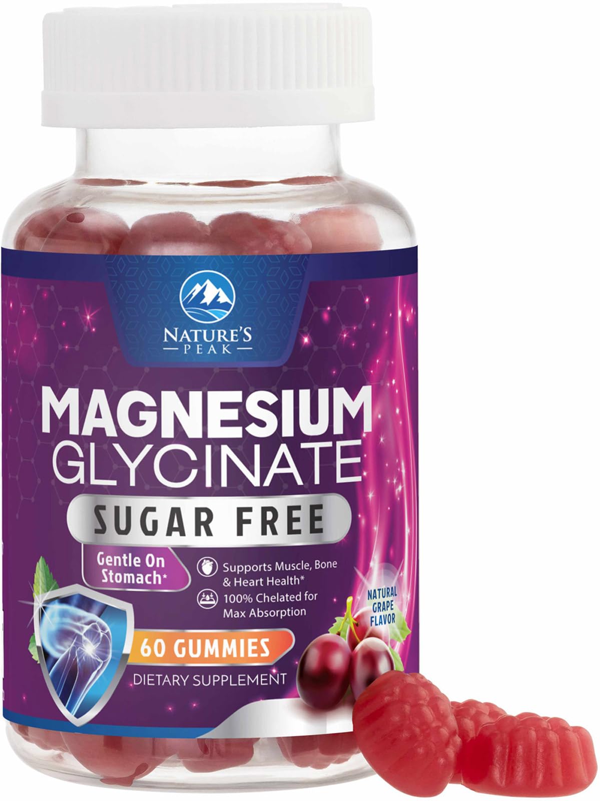 Nature's Peak gomitas magnesio glicinato sabor uva, 60 unidades para absorción y apoyo diario.