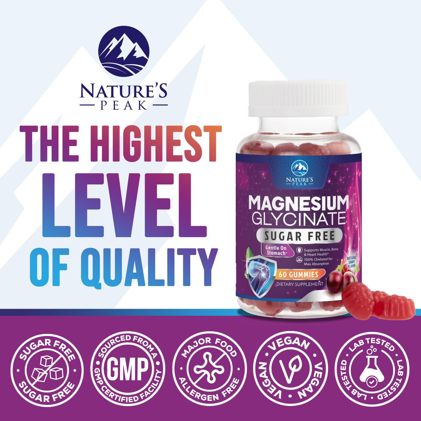 Nature's Peak gomitas sin azúcar, magnesio glicinato para apoyo al sueño y movilidad muscular.