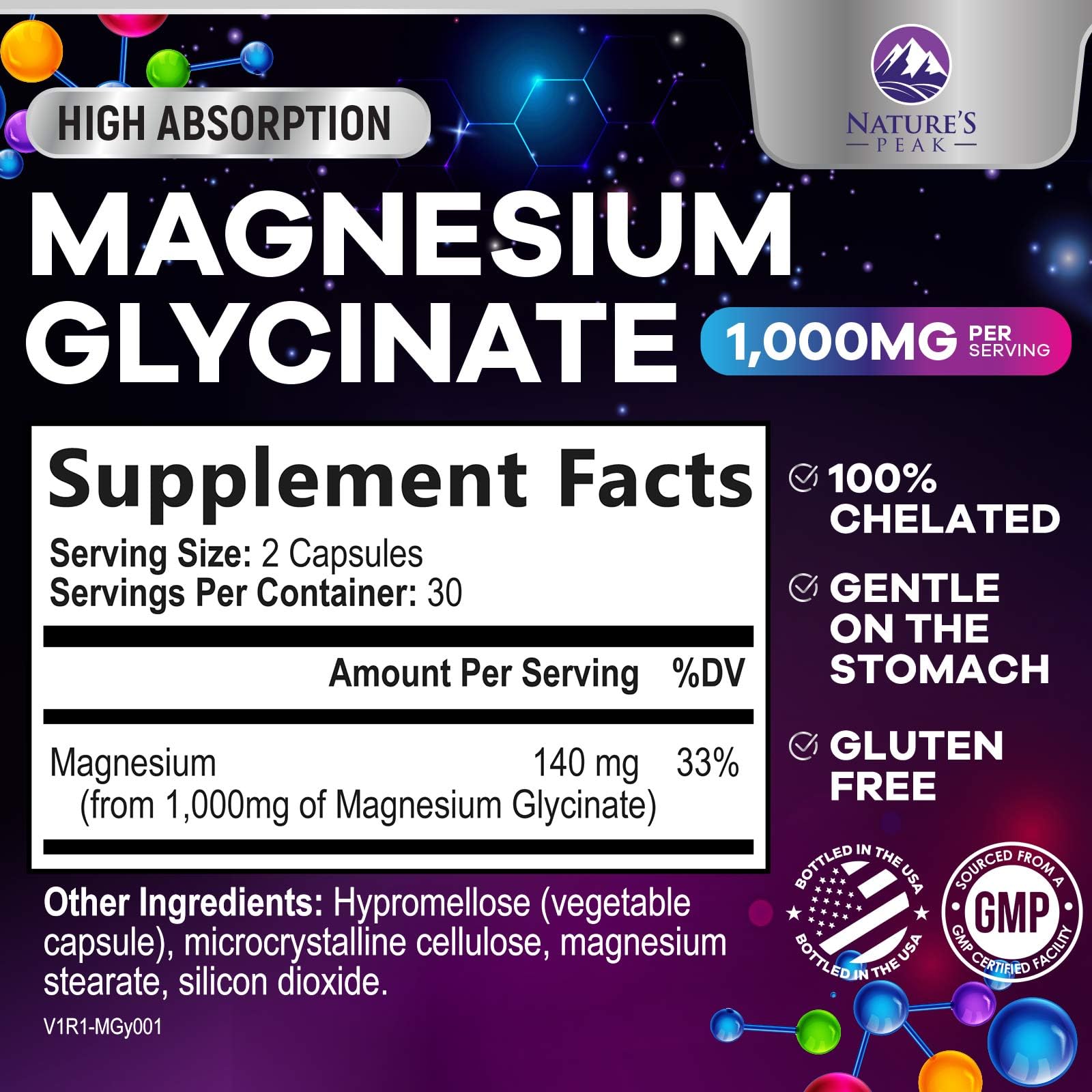 Nature's Peak cápsulas magnesio glicinato de digestión suave para estómagos sensibles.