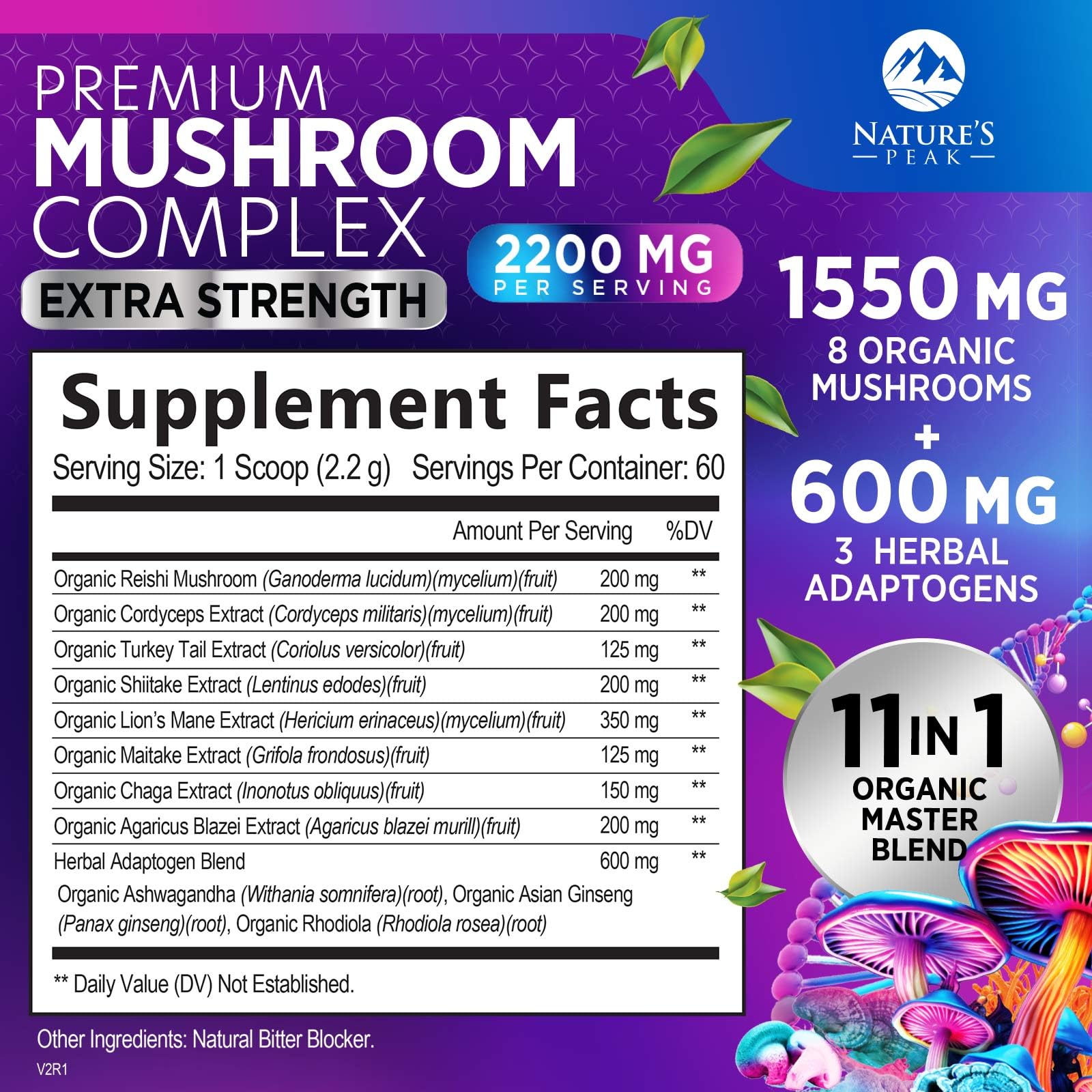 Nature's Peak melena de león extracto orgánico para soporte cognitivo.