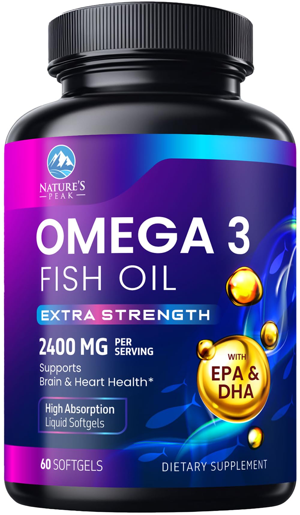 Nature's Peak Omega3 2400mg, botella; soporte diario para corazón y cerebro.