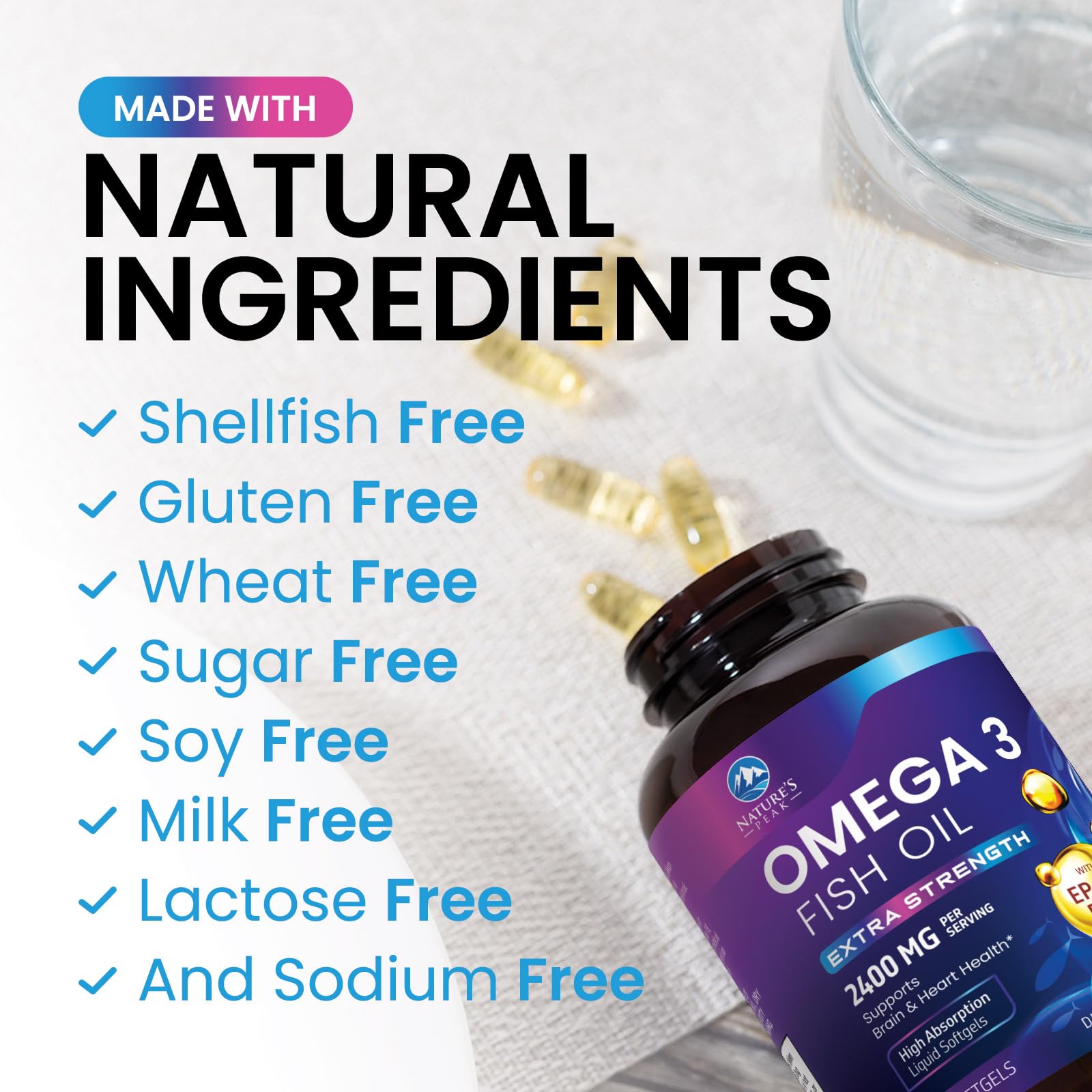 Nature's Peak Omega3 botella; presentación limpia que apoya hábitos diarios.