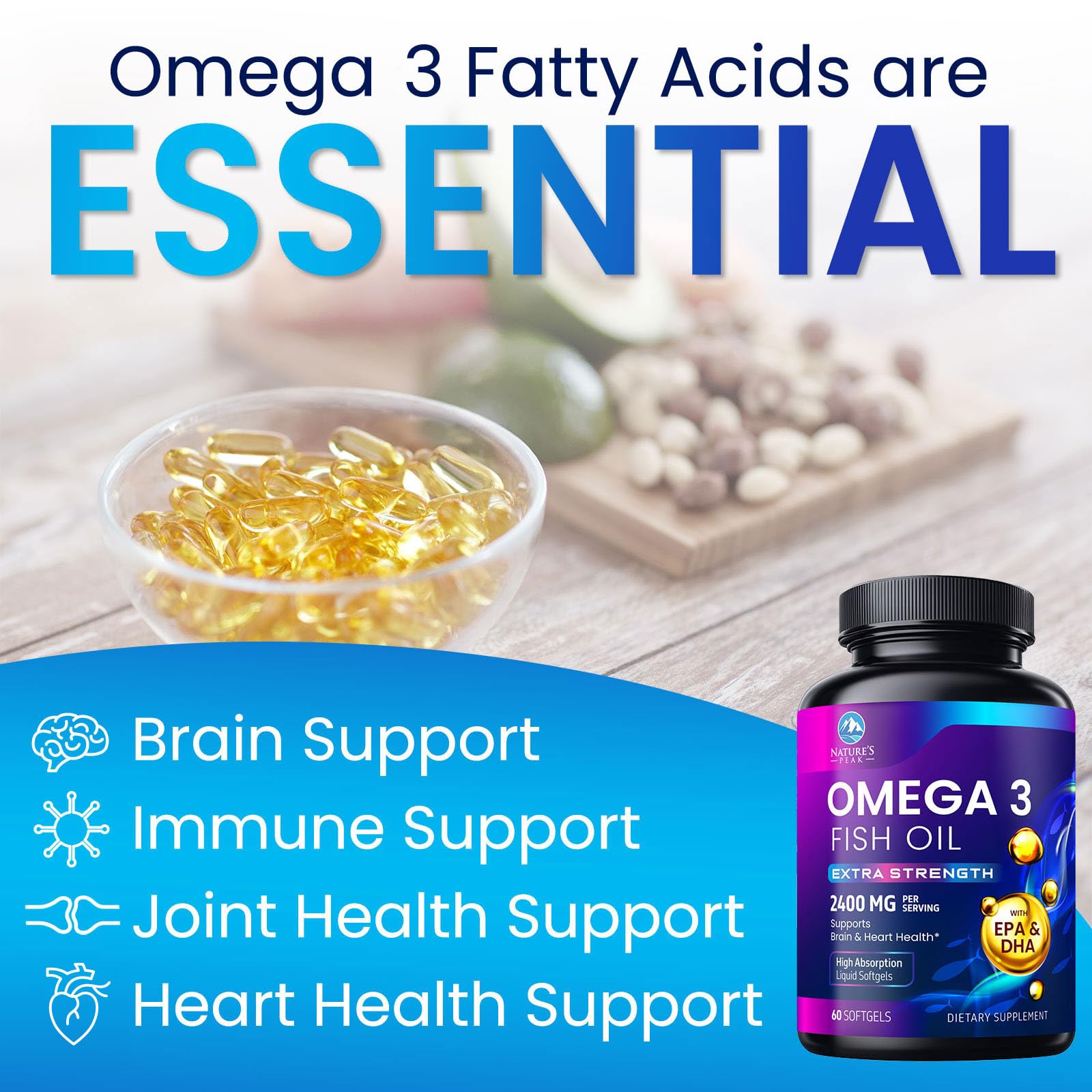 Nature's Peak Omega3 cápsulas suaves visibles; diseño cómodo para tragar.