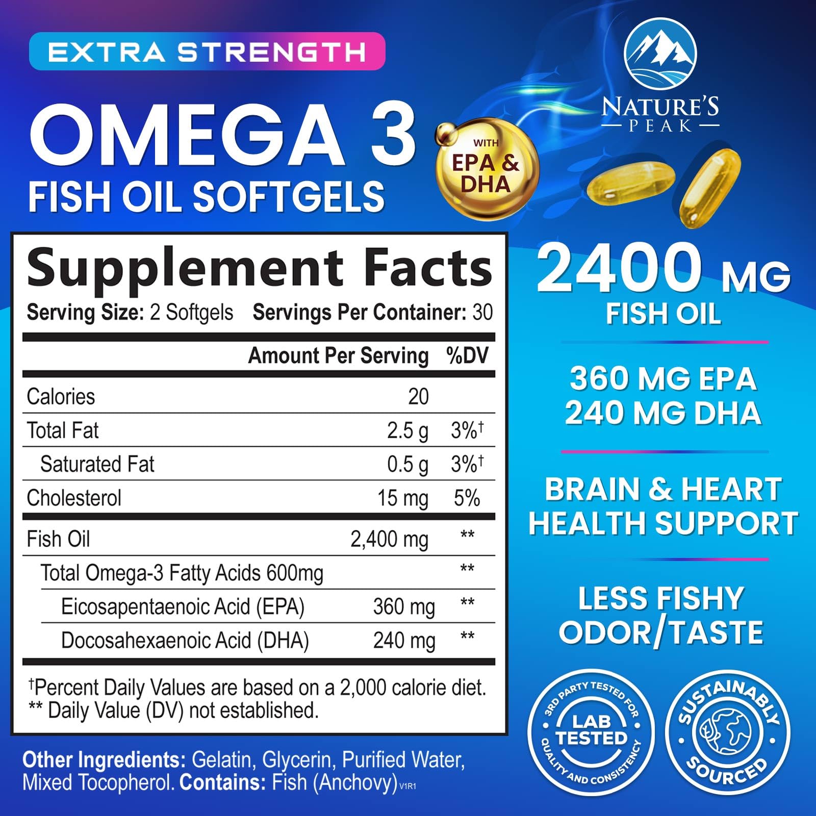 Nature's Peak Omega3 cápsulas suaves; fáciles de tragar para uso diario.