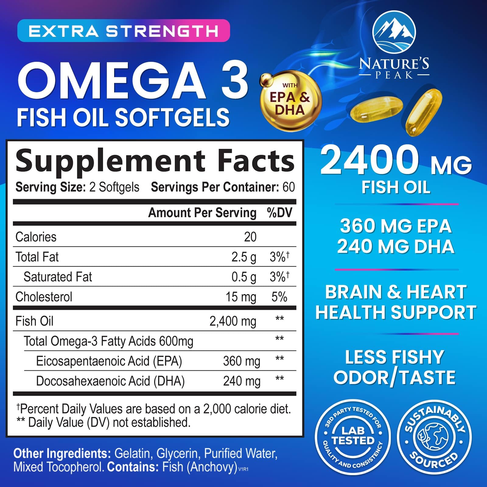 Detalle EPA y DHA de Nature's Peak Omega-3 para beneficios diarios.