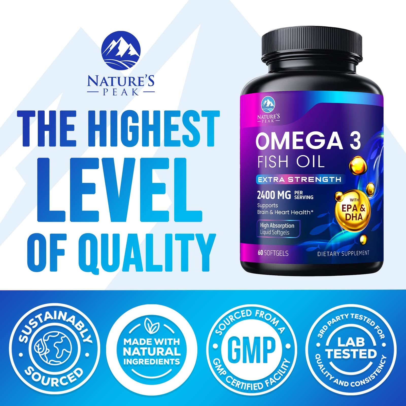 Nature's Peak Omega3 hecho-en-eeuu; botella fabricada en EE. UU. para trazabilidad.