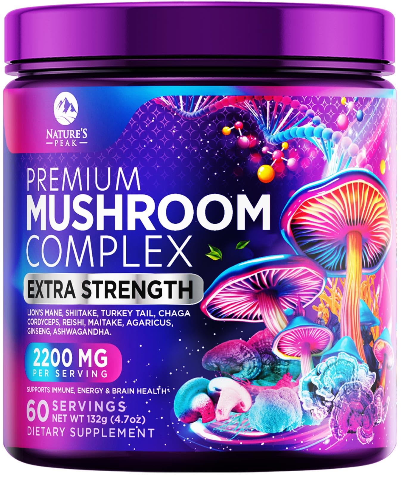 Nature's Peak polvos hongo 11 en 1 para enfoque mental y energía diaria.