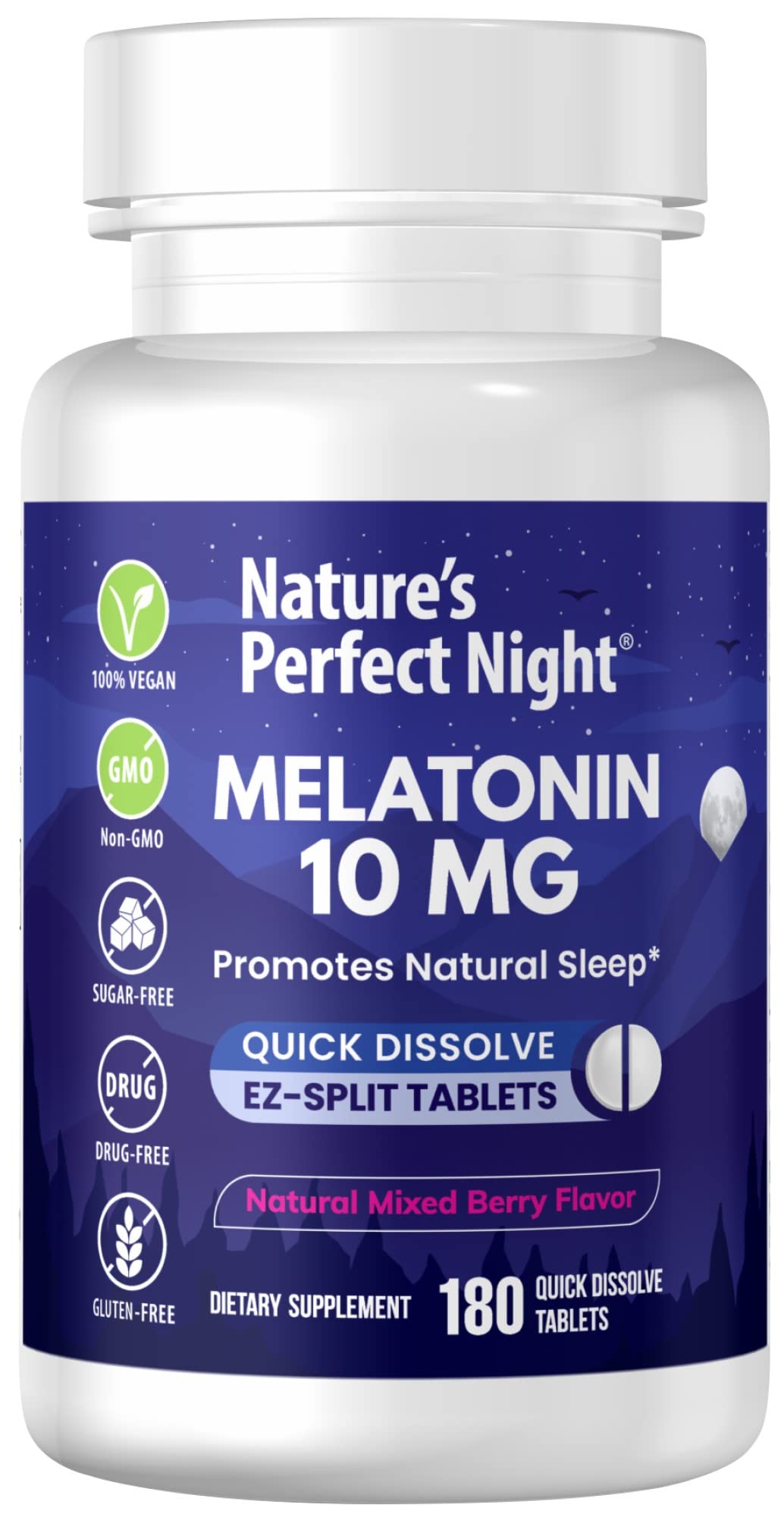 Nature's Perfect Night melatonina 10 mg, tableta vista cercana para descanso