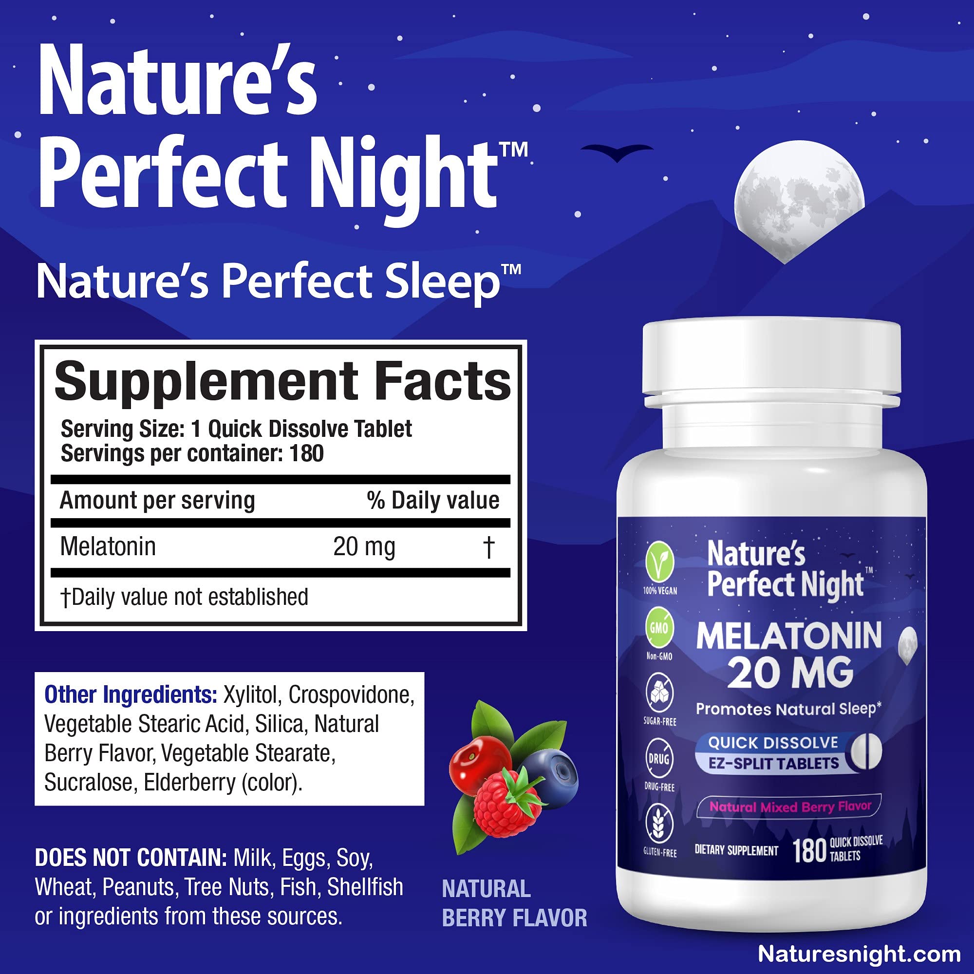 Melatonina de 20 mg Nature's Perfect Night tableta para descanso suave