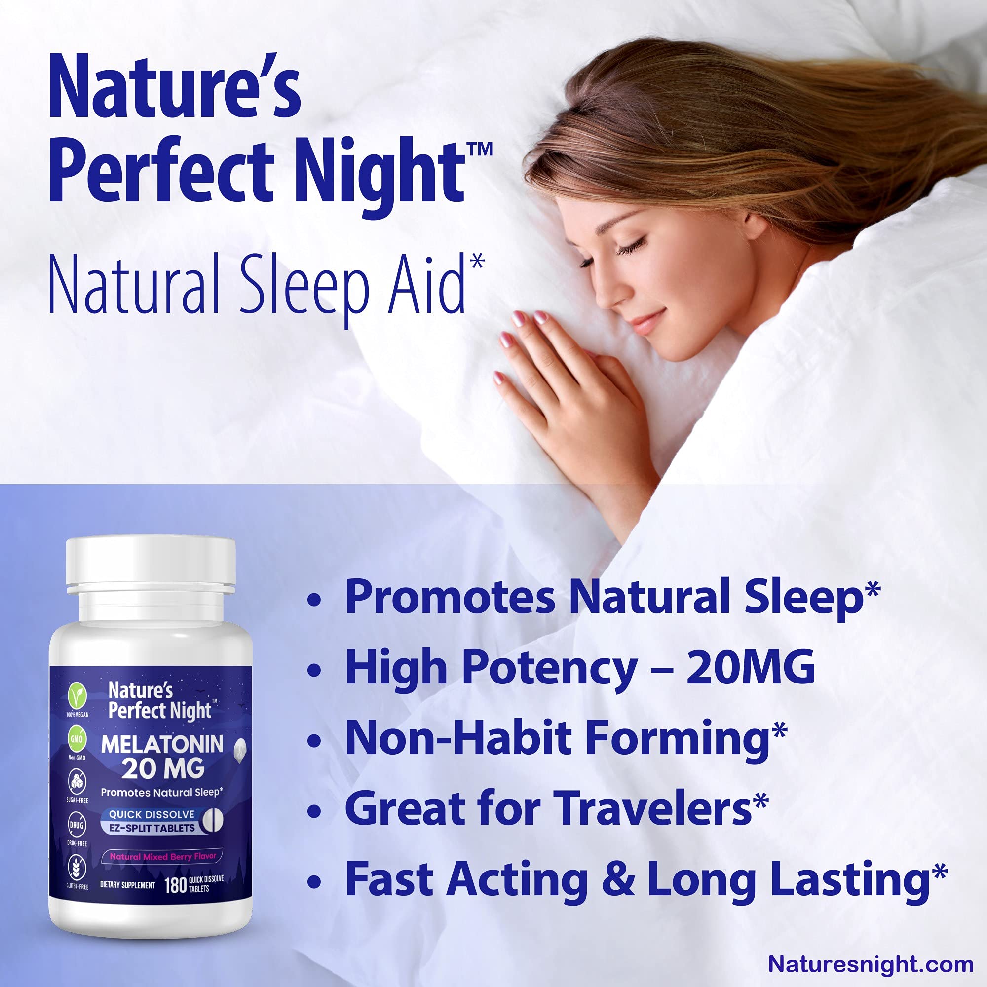 Nature's Perfect Night melatonina sabor bayas mixtas en tabletas