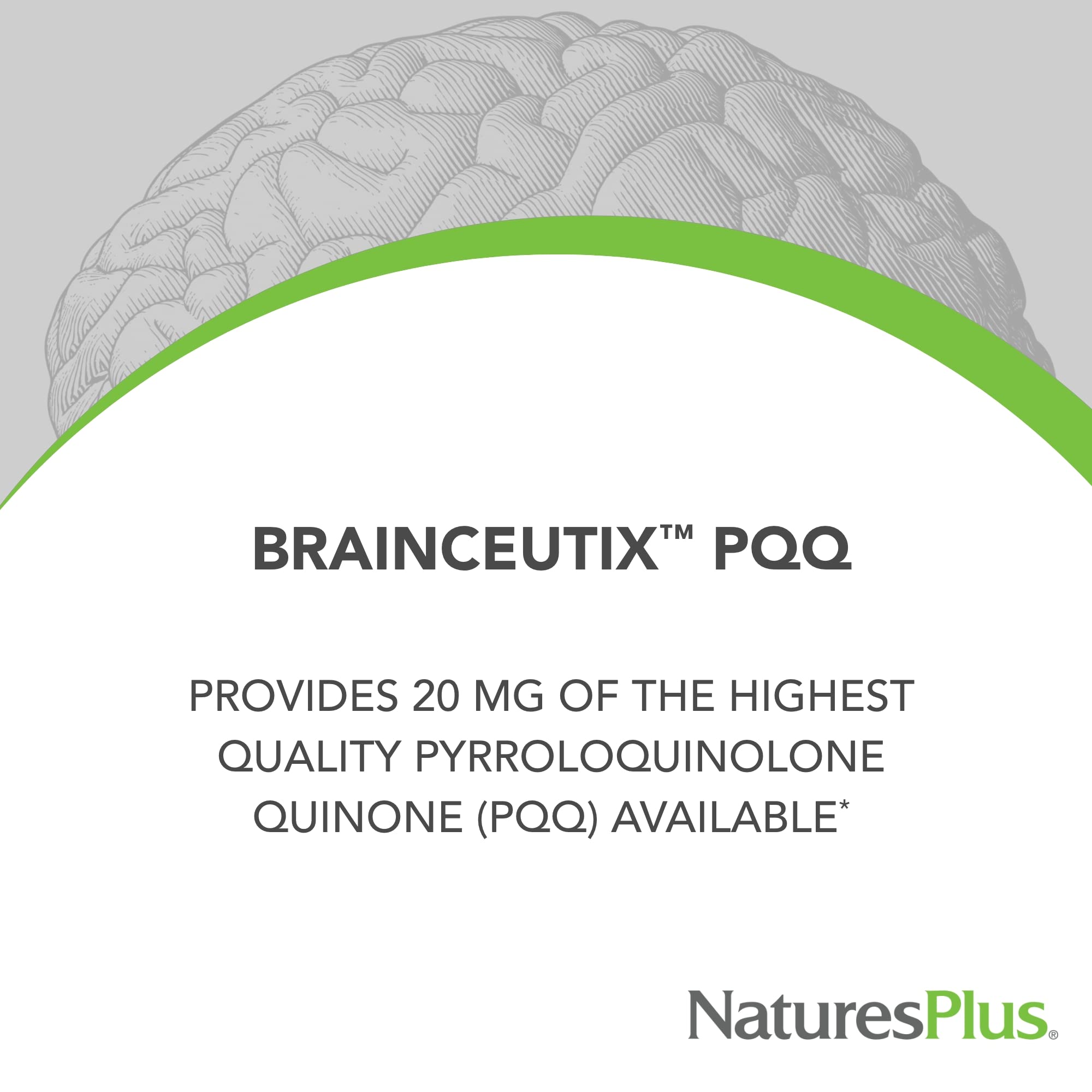 Brainceutix PQQ de Nature's Plus en la etiqueta frontal, claridad de pensamiento