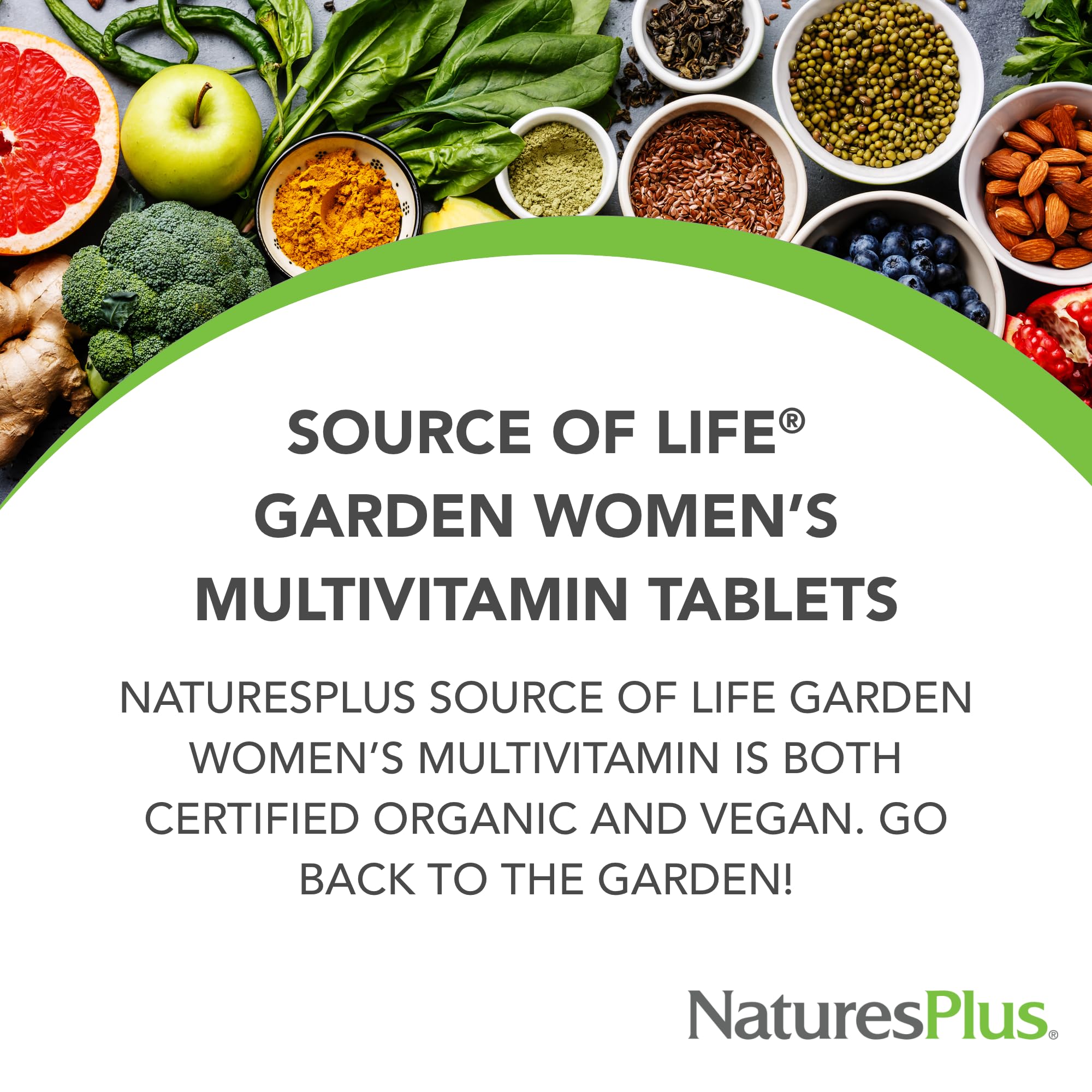 Nature's Plus Source of Life Garden Mujer, etiqueta detallada y certificaciones.