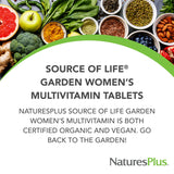 Nature's Plus Source of Life Garden Mujer, etiqueta detallada y certificaciones.