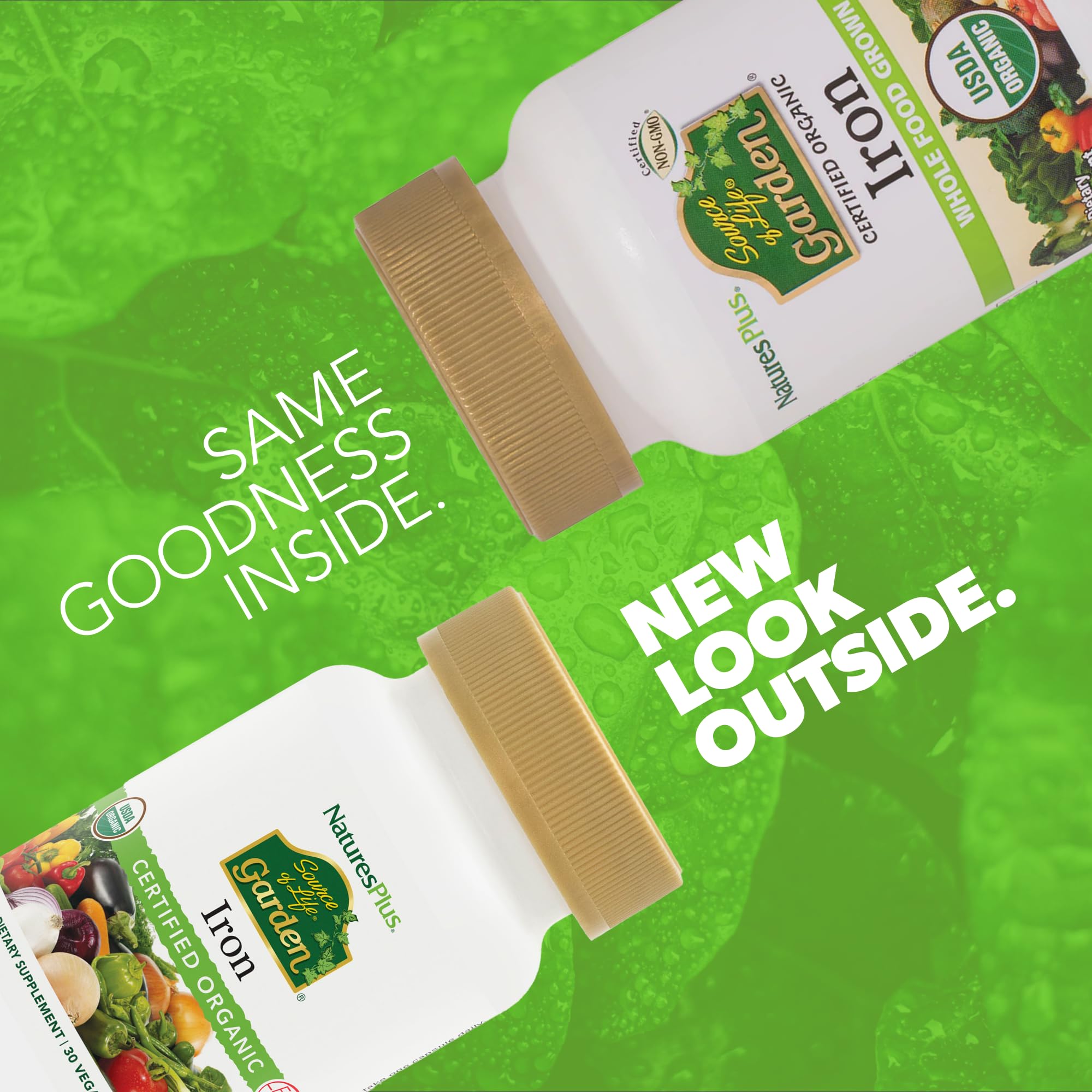 Nature's Plus Source of Life Garden Iron, etiqueta frontal con ingredientes vegetales