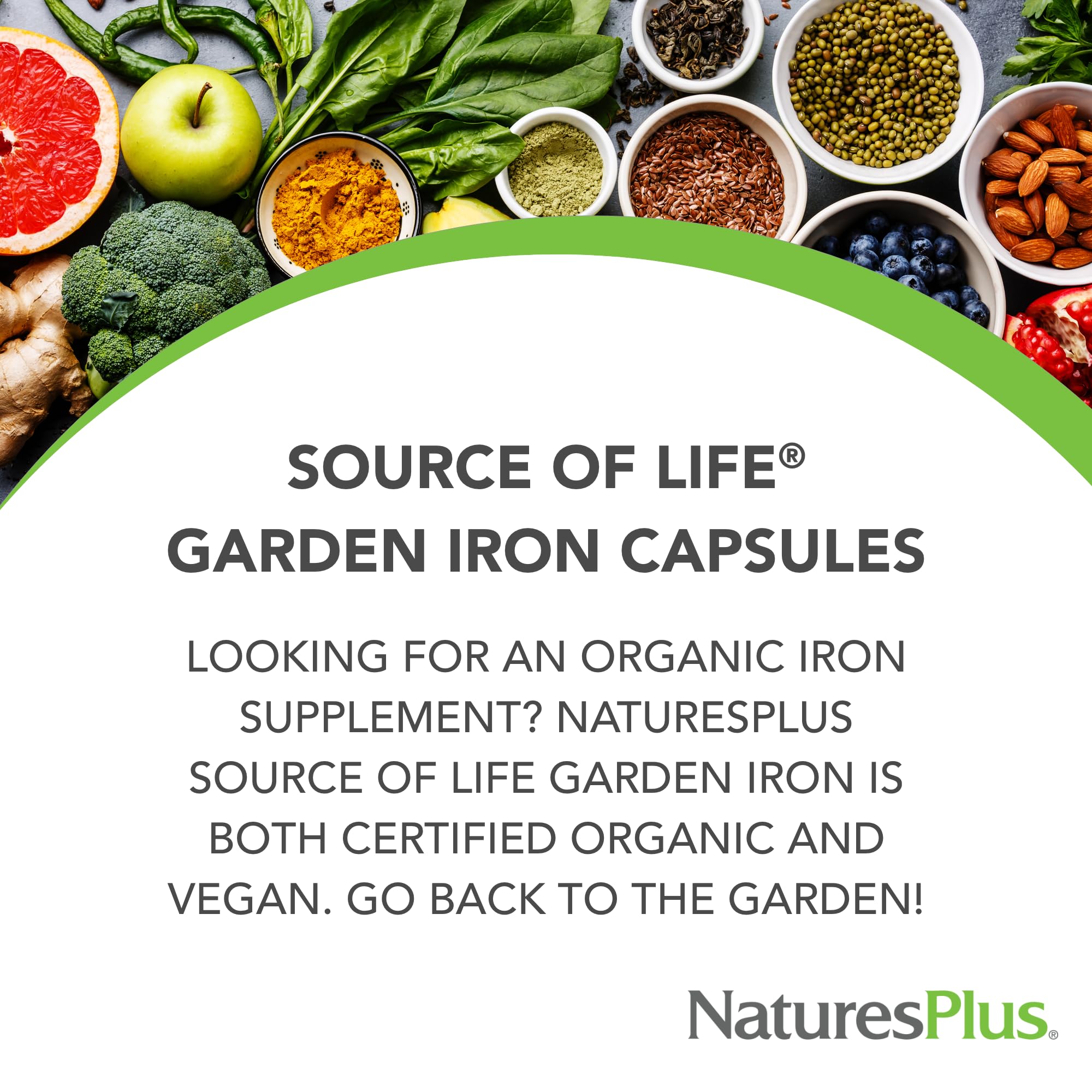 Nature's Plus Source of Life Garden Iron, contiene más de 20 extractos vegetales