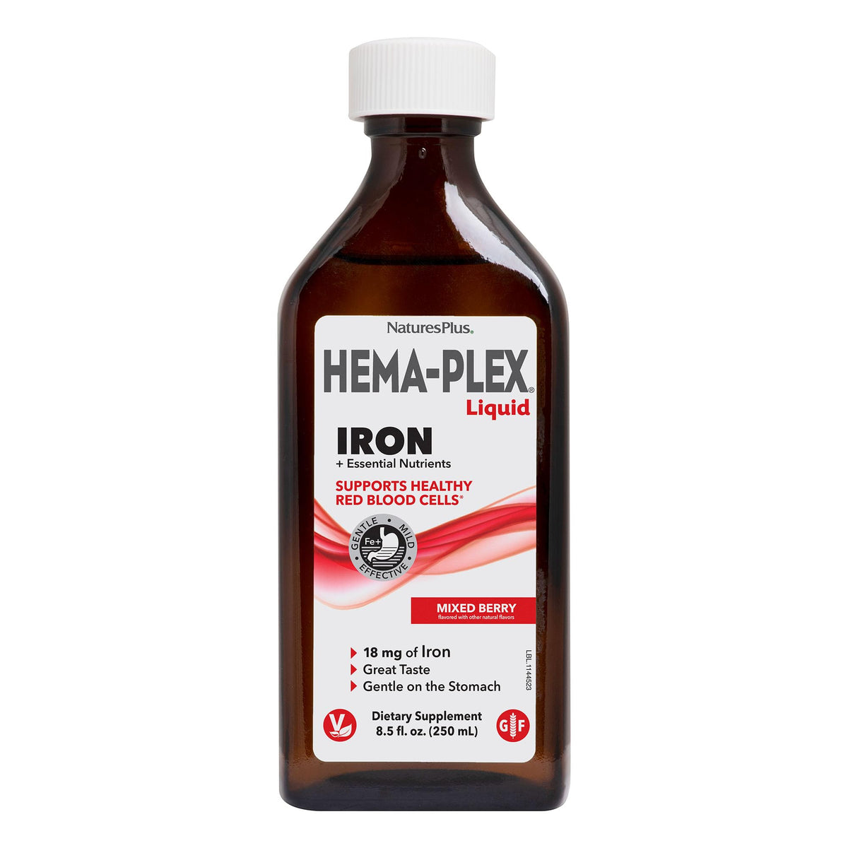 Hema-Plex Nature's Plus: botella frambuesa para ingesta diaria de hierro.