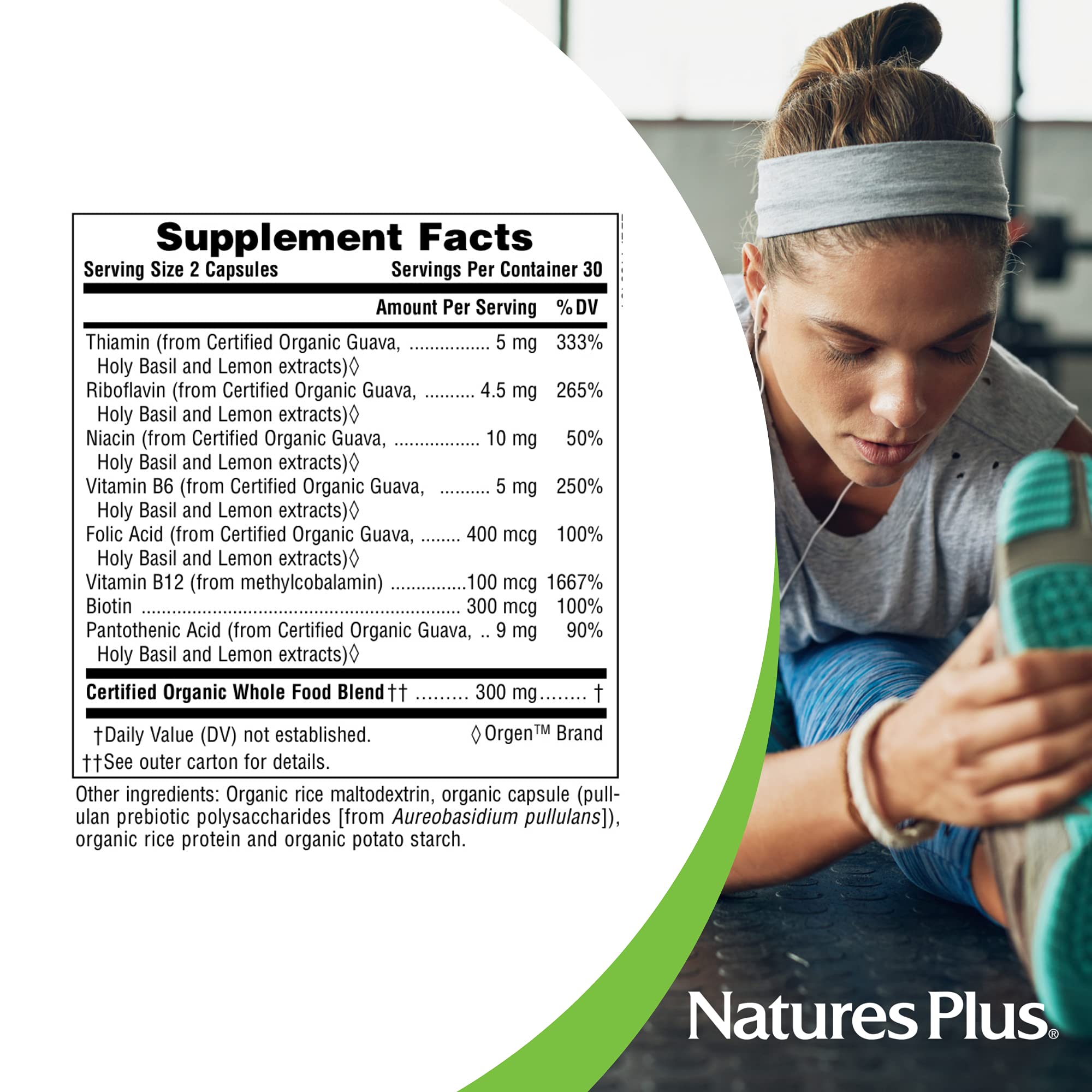 Tomar dos cápsulas diarias de Nature's Plus B-Complejo para apoyo energético