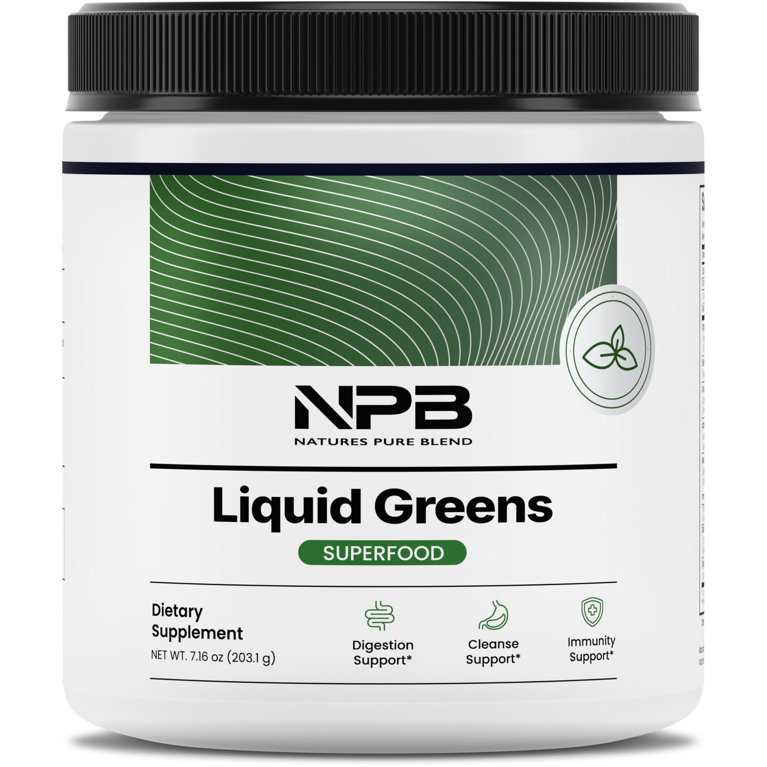 Nature's Pure Blend Super Greens, polvo verde equilibrado, ideal para comenzar el día con energía.