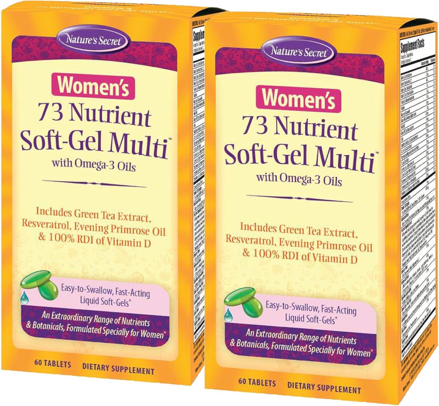 Nature's Secret Mujer 73 Nutrientes cápsulas blandas en bote para bienestar diario.