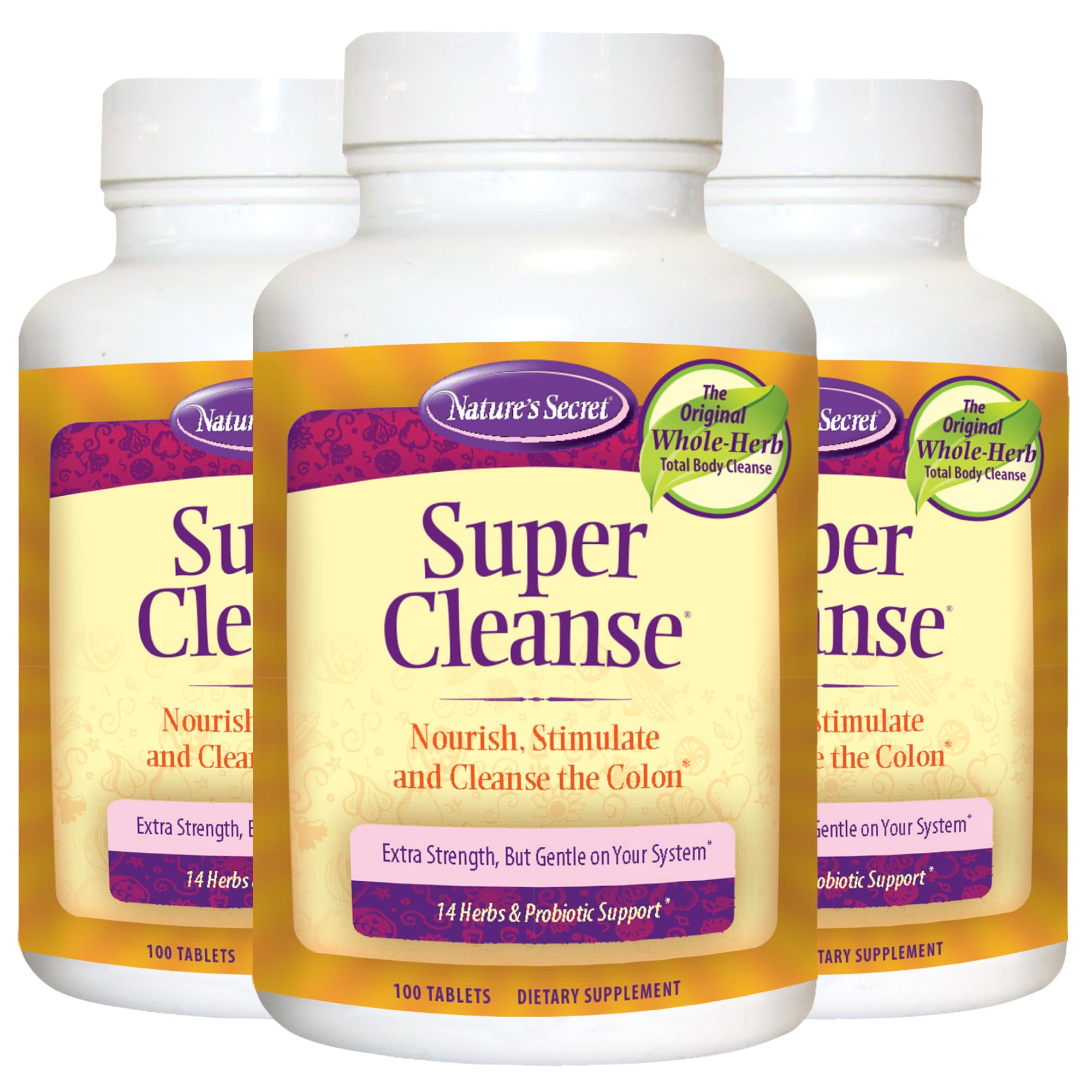 Nature's Secret Super Cleanse, botella vertiendo, apoyo a la limpieza interna suave.