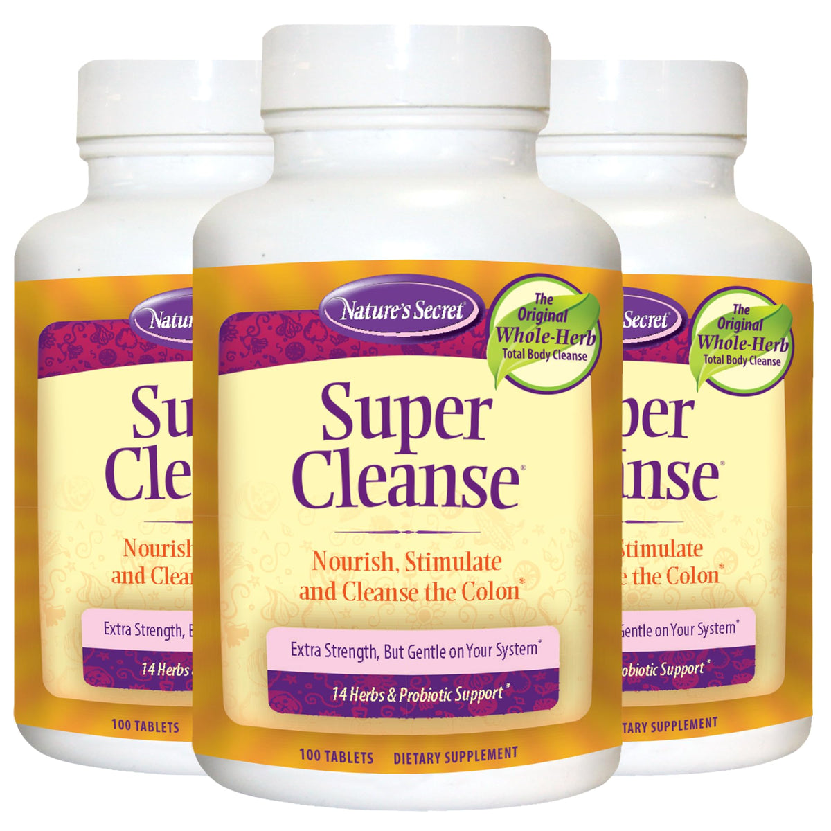 Nature's Secret Super Cleanse, botella vertiendo, apoyo a la limpieza interna suave.