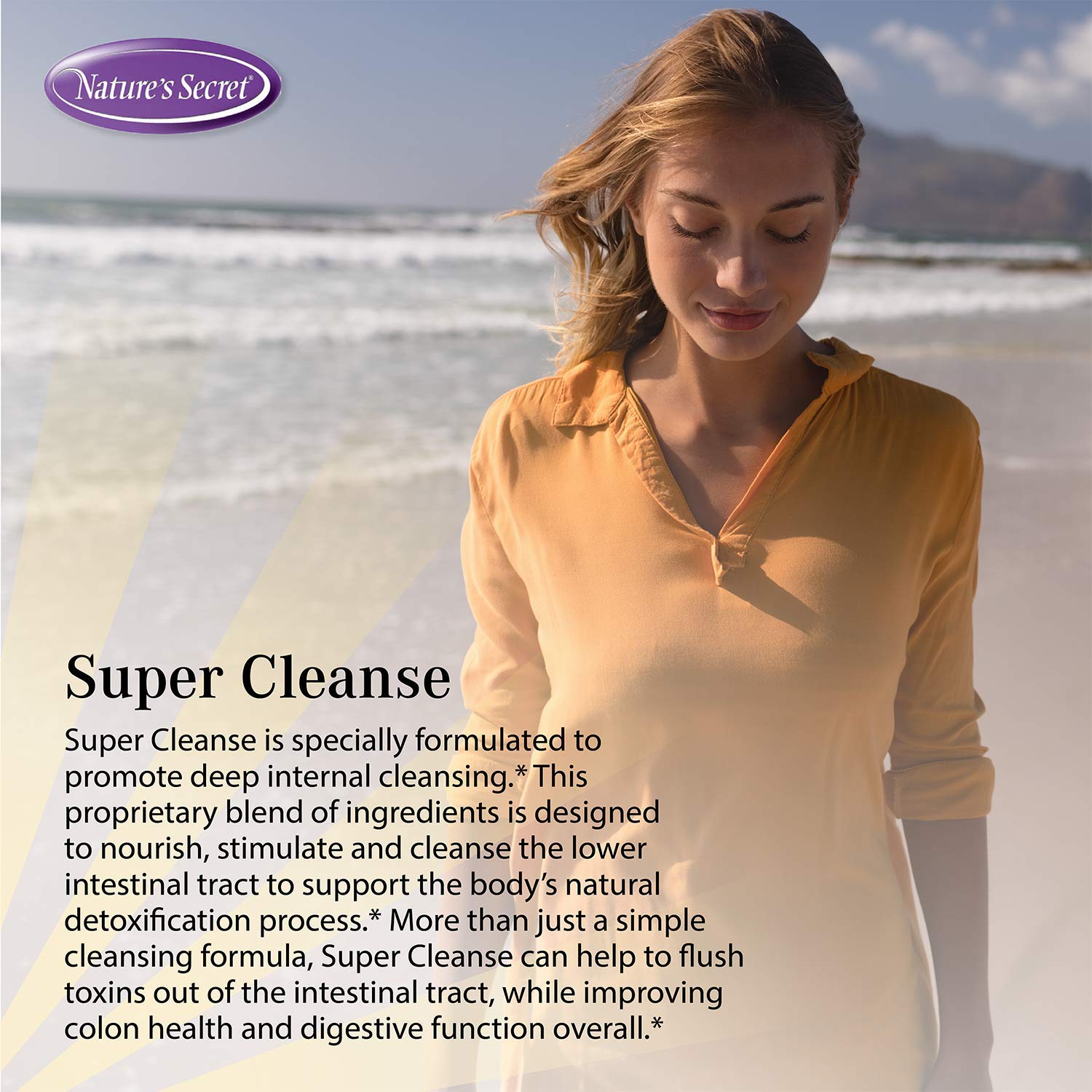 Nature's Secret Super Cleanse tabletas en empaque compacto, fáciles de tragar para uso diario