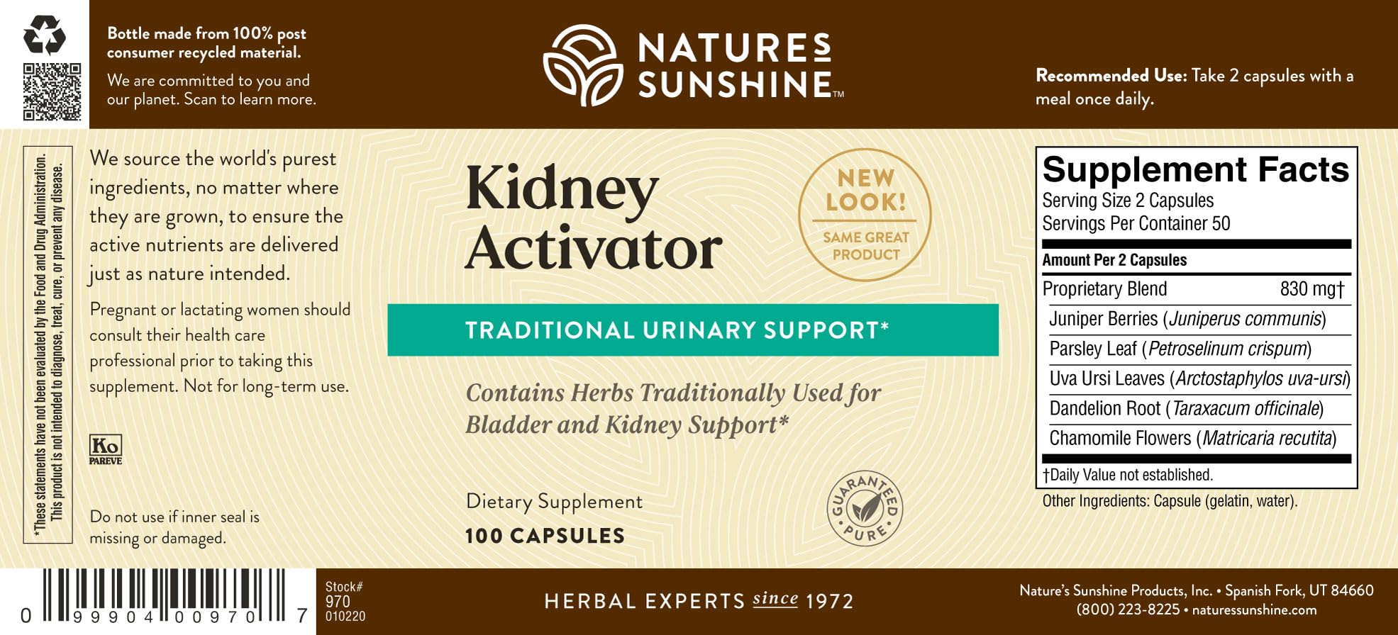 Nature's Sunshine Activador Rinon cápsulas, caja y empaque destacan ingredientes naturales para apoyo general.