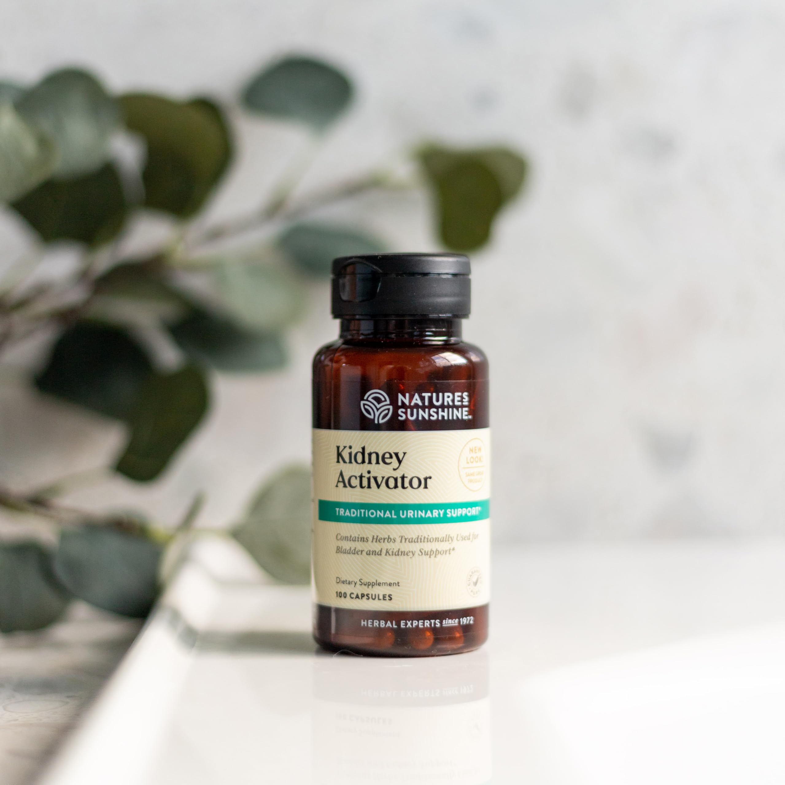 Nature's Sunshine Activador Rinon cápsulas, primer plano de bayas de enebro y perejil para salud urinaria.