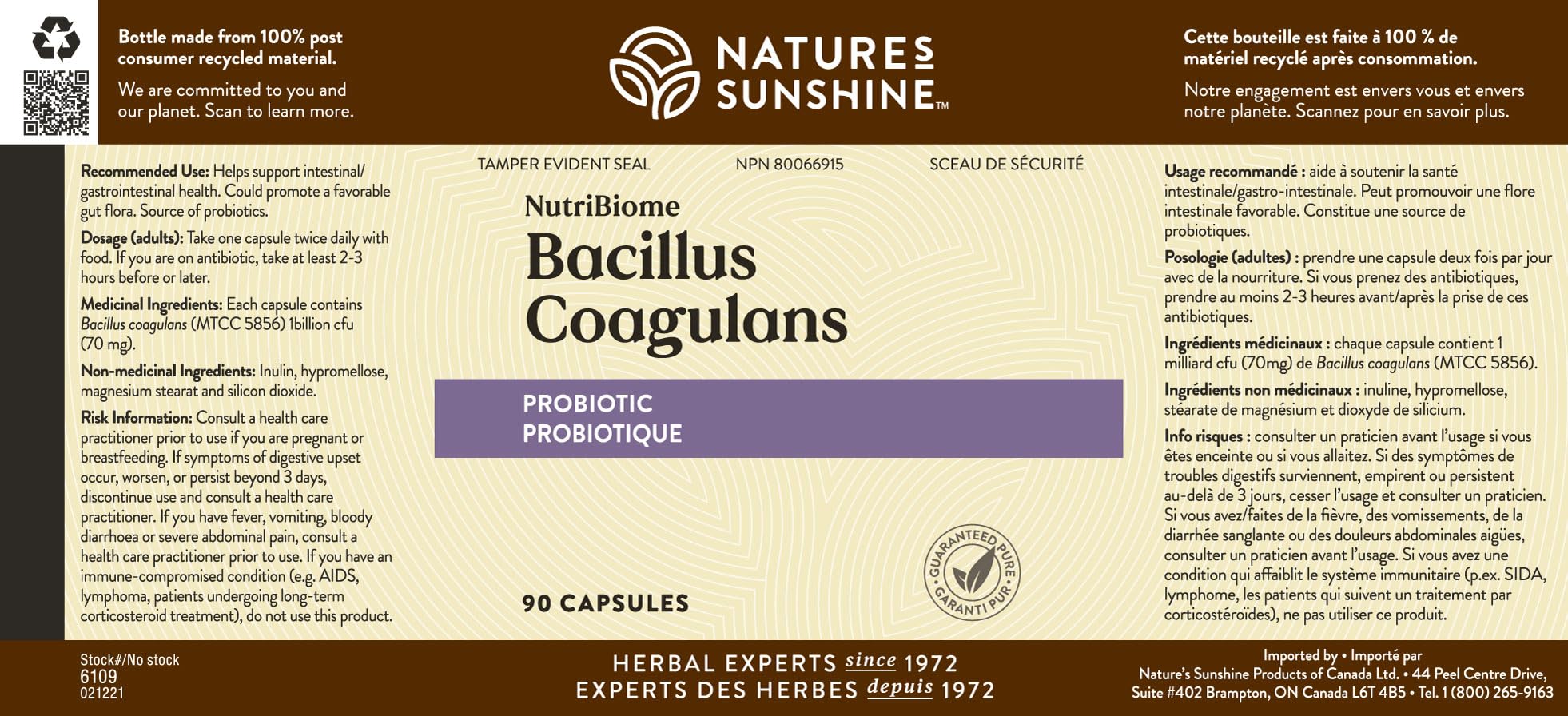 Nature's Sunshine NutriBiome Bacillus Coagulans, uso diario, práctico para una rutina de bienestar digestivo.