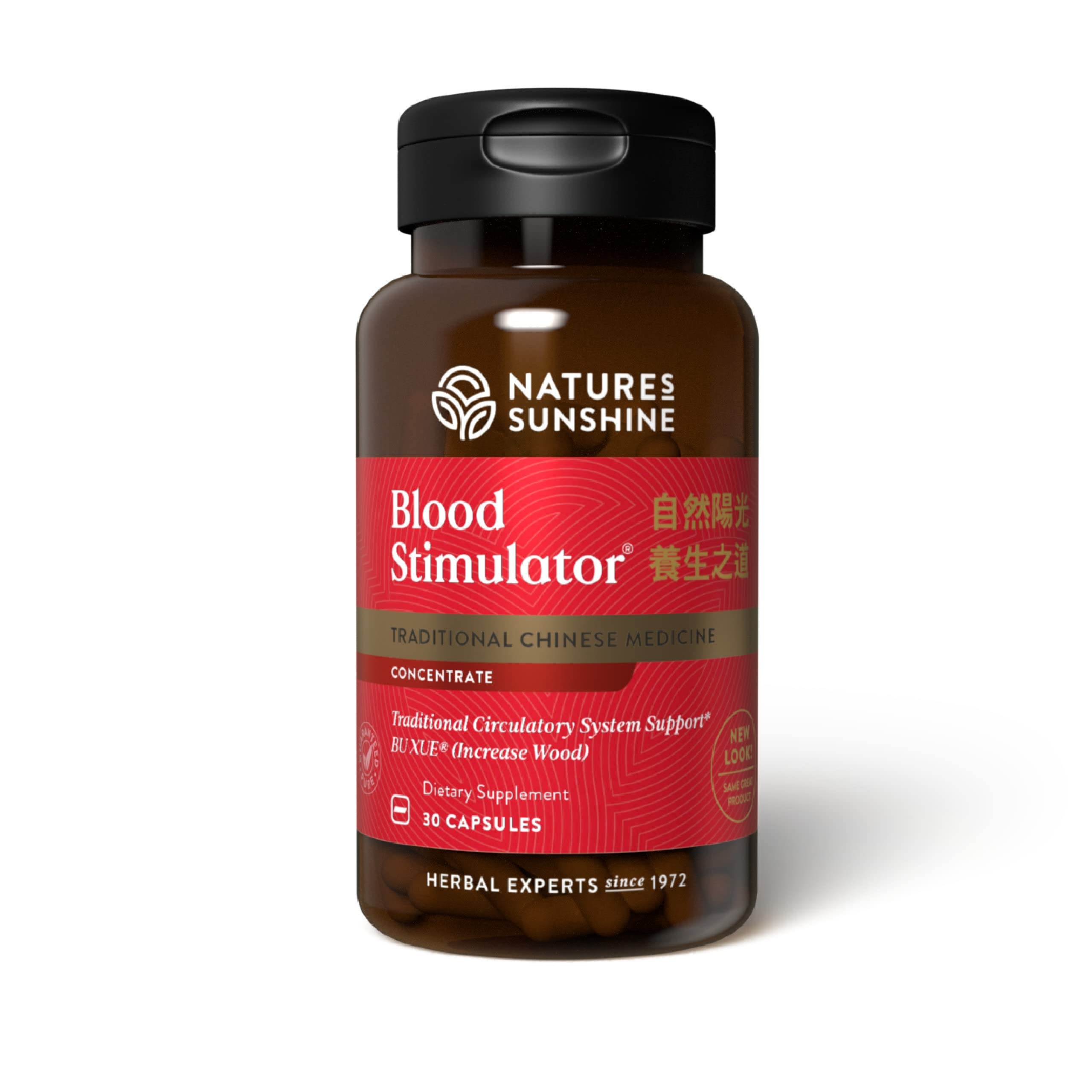 Nature's Sunshine Blood Stimulator, botella de cápsulas, apoyo a la circulación.
