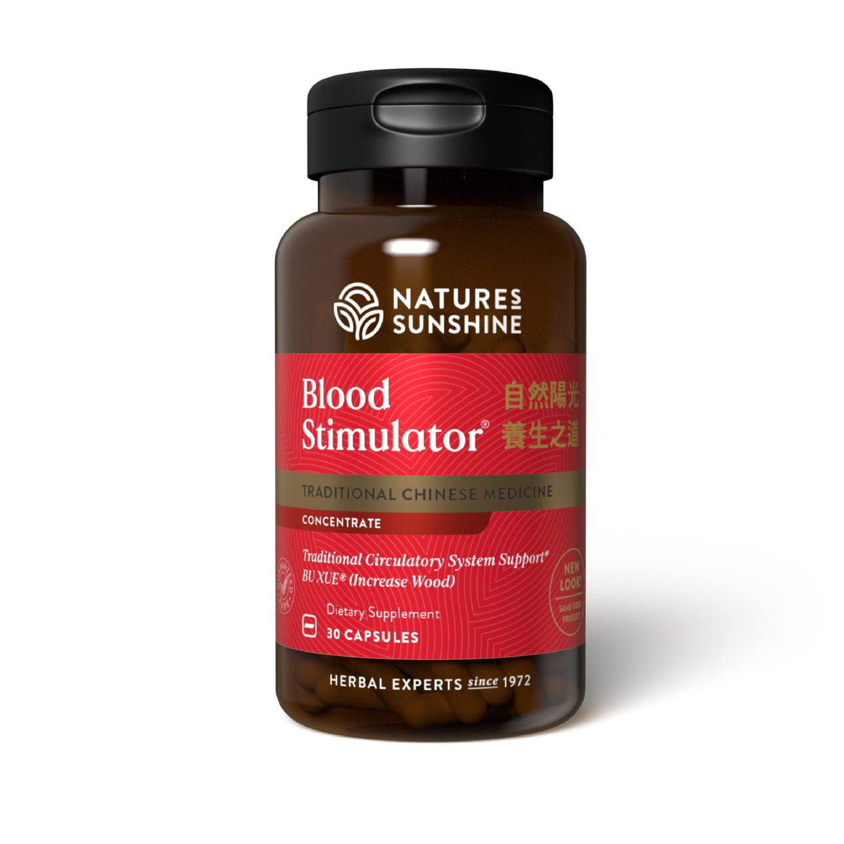 Nature's Sunshine Blood Stimulator, botella de cápsulas, apoyo a la circulación.