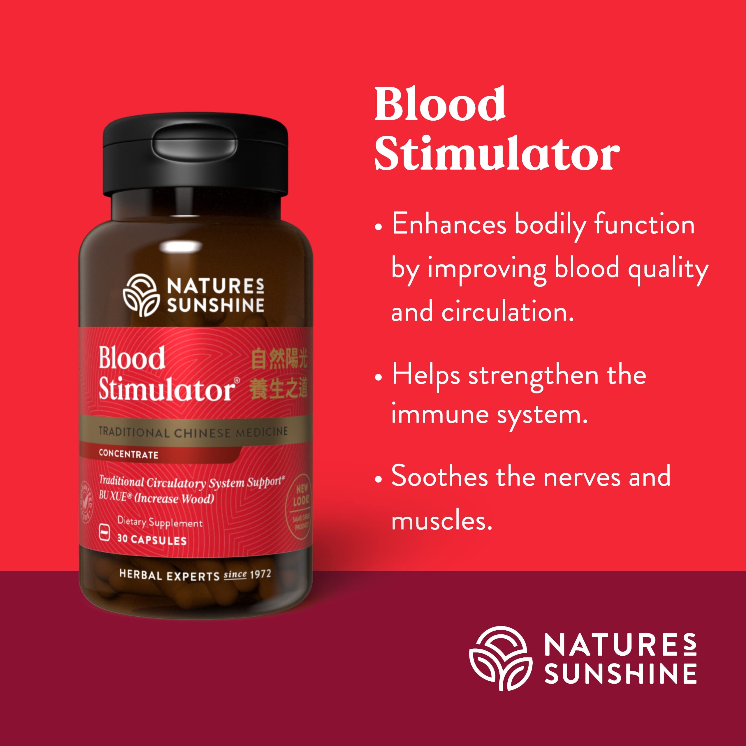 Nature's Sunshine Blood Stimulator, mano sosteniendo frasco, presentación práctica para diario.