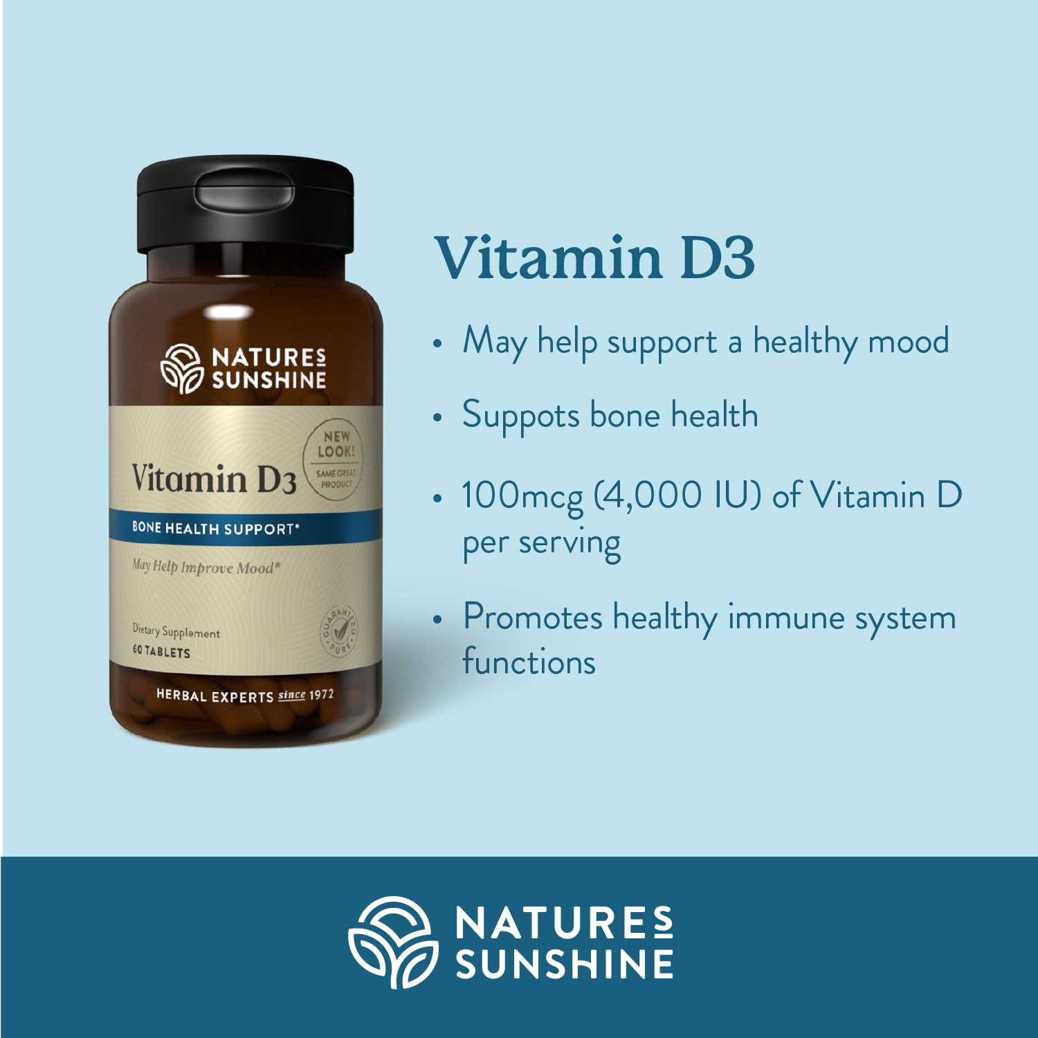 Botella frontal de Nature's Sunshine Vitamina D3 con etiqueta legible