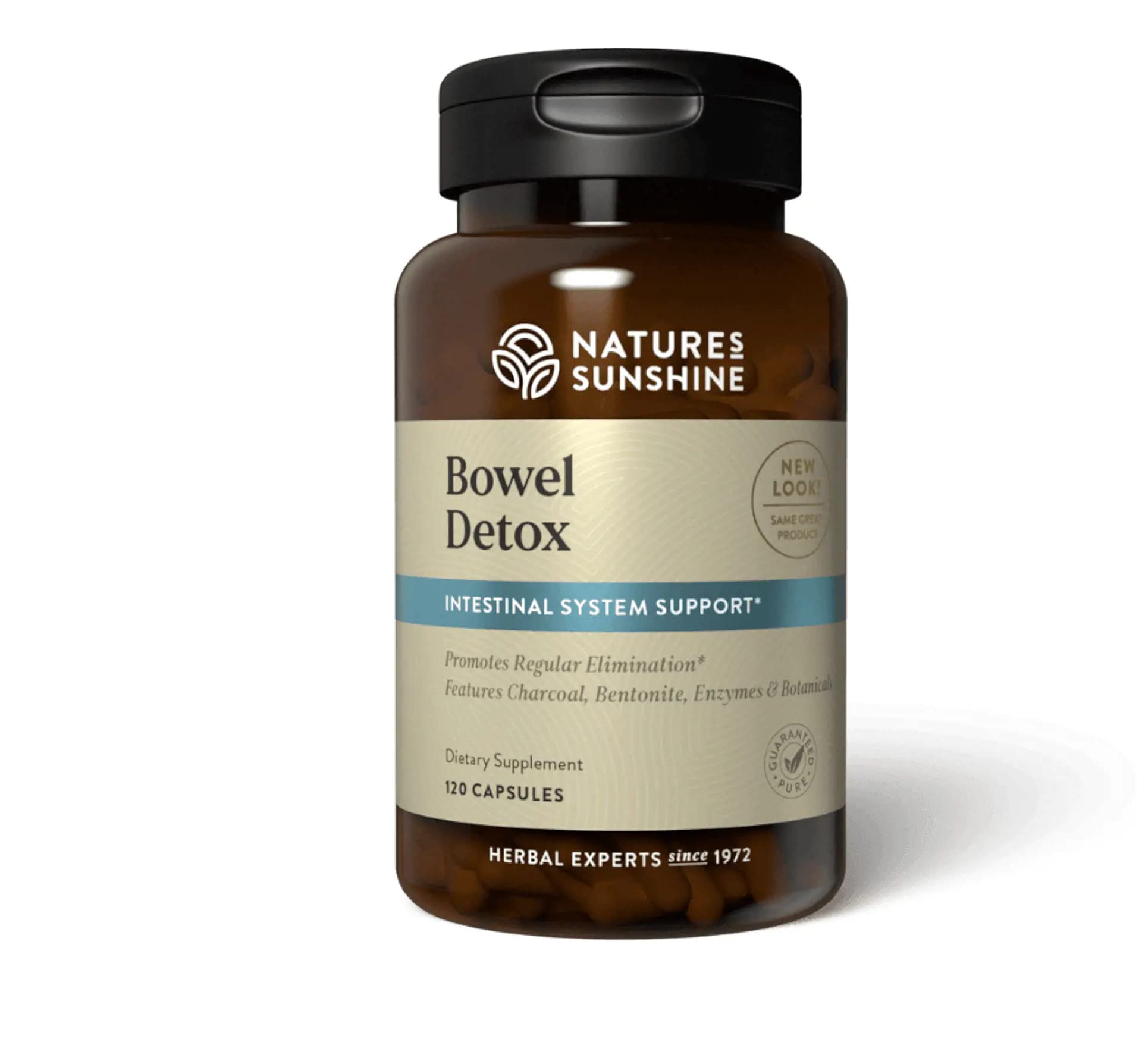 Nature's Sunshine Bowel Detox, botella frontal, apoyo al ritmo intestinal diario.
