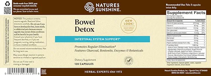 Nature's Sunshine Bowel Detox, cápsulas apiladas, apoyo a la limpieza intestinal natural.